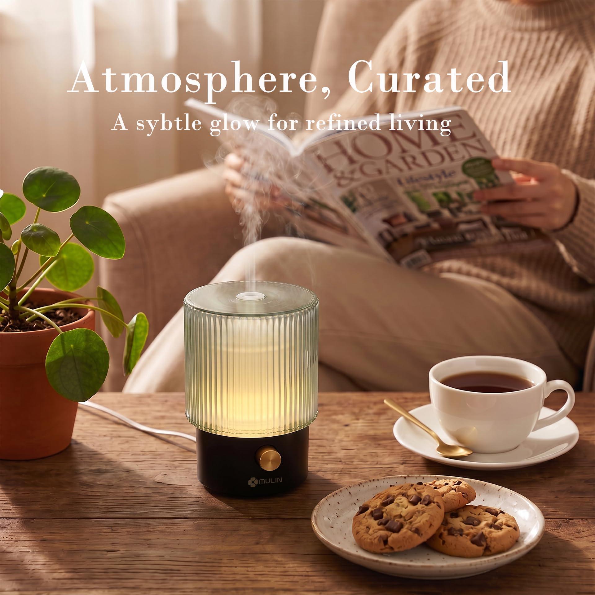 MULIN Diffuseur Huiles Essentielles en Verre Fait Main 100ML, Diffuseur Ultrasonique Silencieux avec Lumière LED, Humidificateur d’Air et Diffuseur Parfum Maison pour Chambre, Bureau, Yoga