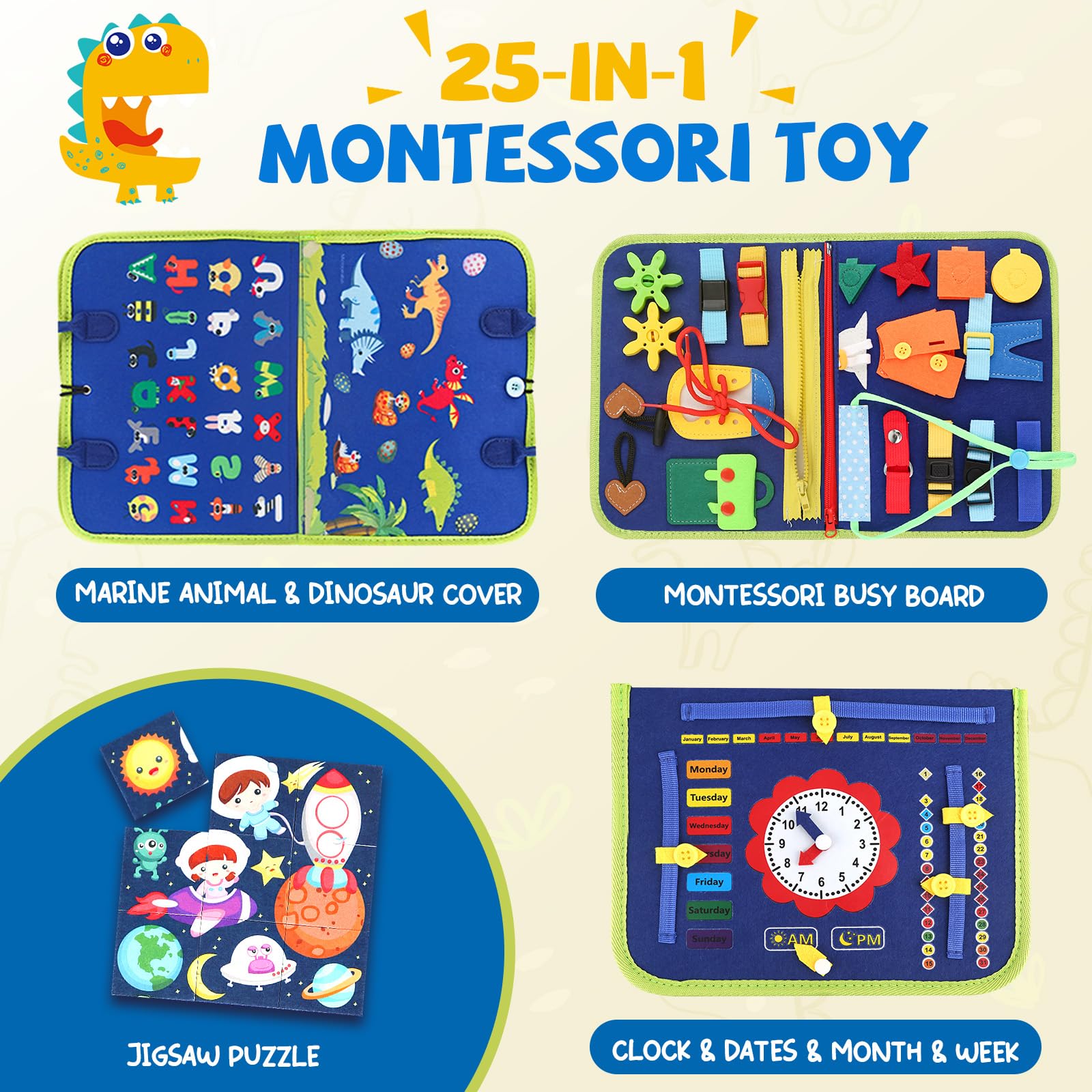Powmag Busy Board Montessori – Tablero Sensorial De Fieltro Con Letras Y Dinosaurios, Para Niños De 1 A 5 Años