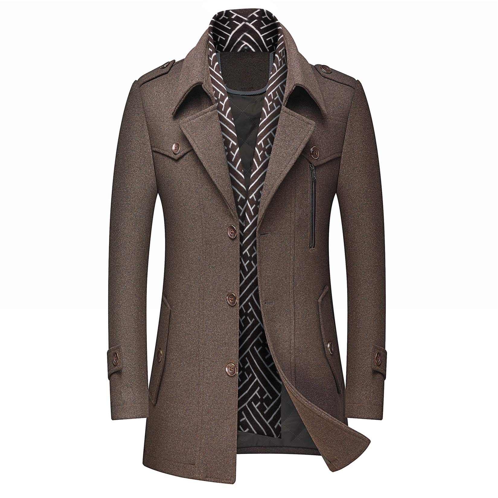 DOSLAVIDAMen's Slim Fit Woolen Pea Coat Single Breasted Winter Warm Long Trench Jackets With Removable Soft Scarf