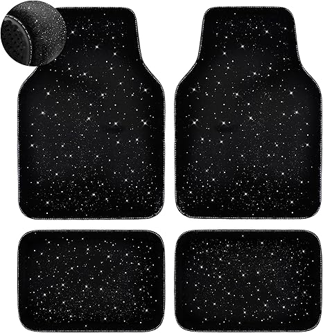 CAR PASS Black Car Floor Mats, Faux Fur Fluffy Carpet Full Set Bling Starry Sky Design Anti-Slip Universal for Girl Cute Women Automotive Cars, SUVs, Trucks, Vans, 4Pcs Black Fuzzy Plush Wool