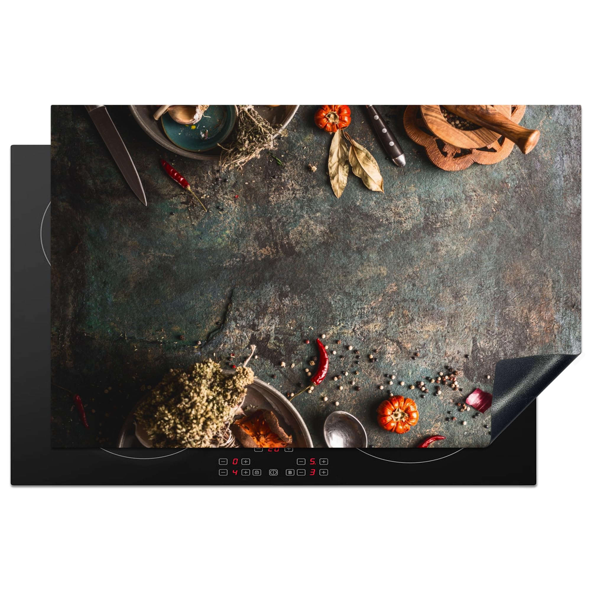 KitchenYeah© Herdabdeckplatte Einteilig Ceranfeld Abdeckplatte Küche Deko Ceranfeldabdeckung Herdabdeckung Induktionsmatte Marmor - Gemüse - Herbst - Kürbis - Rustikal - Gewürze - 80x52 cm