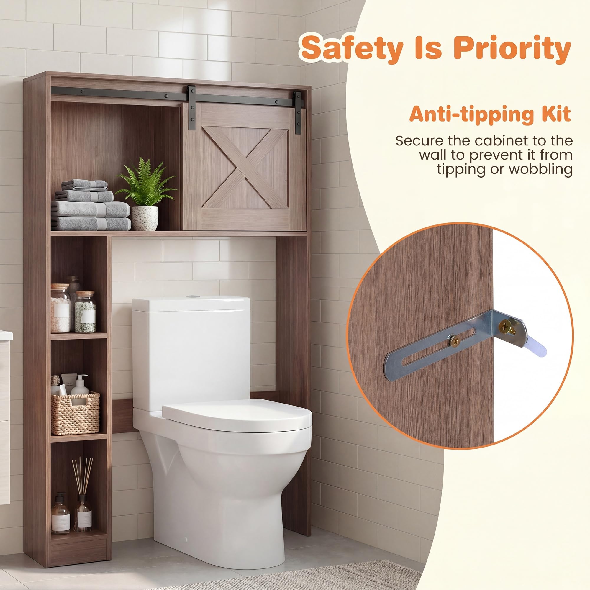 LIFEZEAL Mobile Lavatrice e Asciugatrice con Ante Scorrevoli e 3 Ripiani, Scaffale Sopra Lavatrice in Legno, Salvaspazio, Mobile sopra il WC per Lavanderia e Bagno (84,5 x 17 x 128 cm)