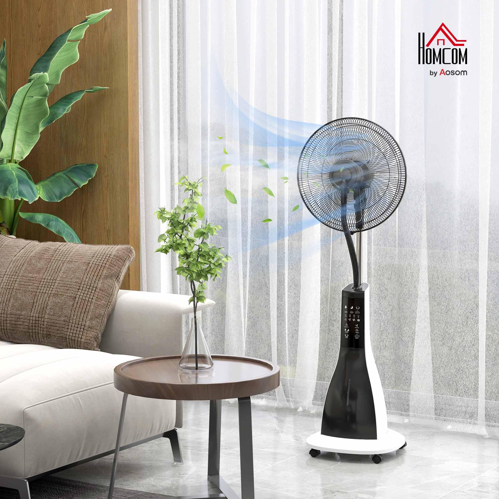 HOMCOM Ventilatore Nebulizzatore con Serbatoio 3L, Timer, 3 Modalità e 3 Velocità, Ventilatore a Piantana con Telecomando in Metallo e ABS, 44.5x38.5x120 cm, Bianco e Nero