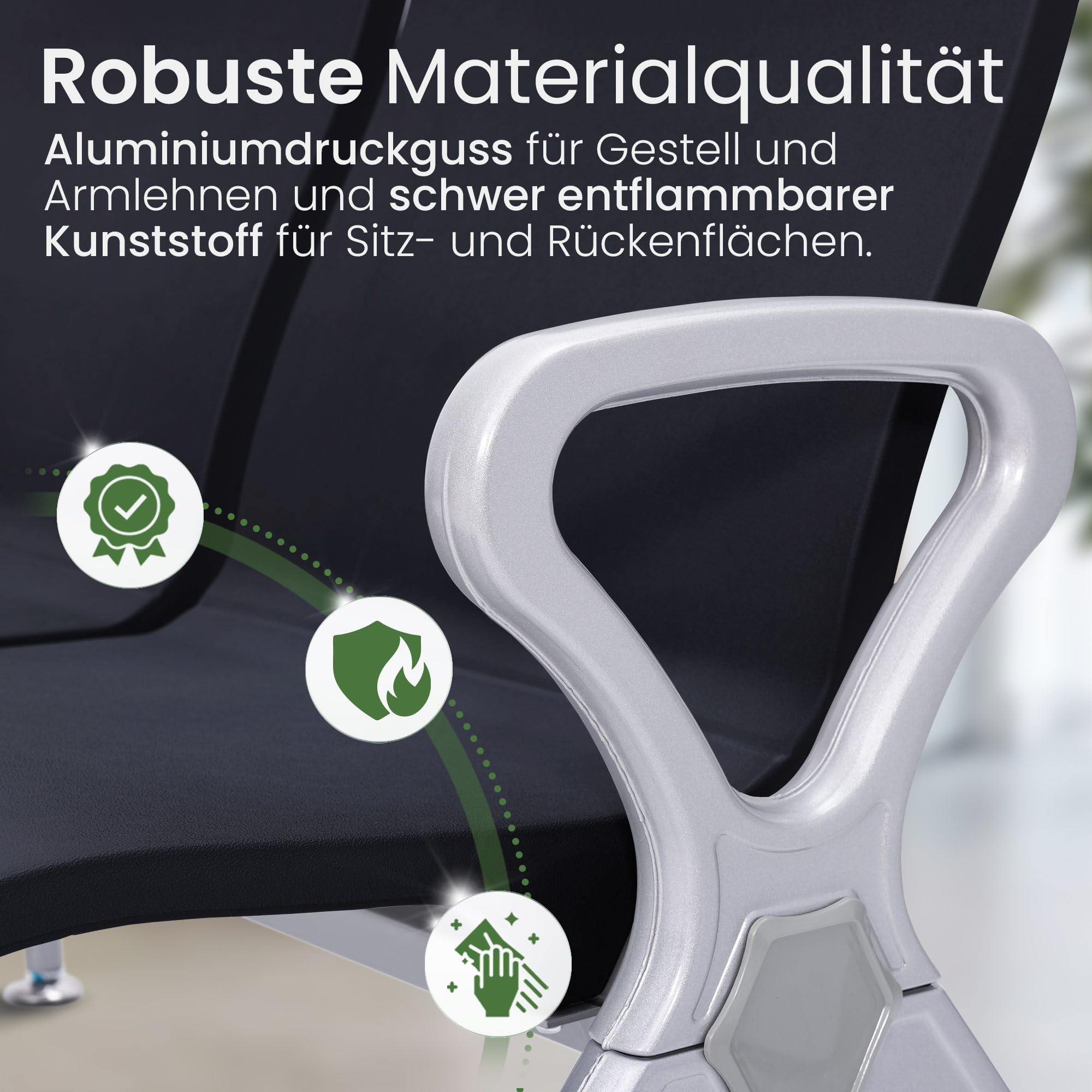 CLP Wartebank Airport-Stil Ermin, Sitzbank Flur mit Lehne, ergonomische Sitzschalen, Wartestühle mit robustem Alu-Gestell, bis 150 kg je Sitz Farbe schwarz Größe 4-Sitzer