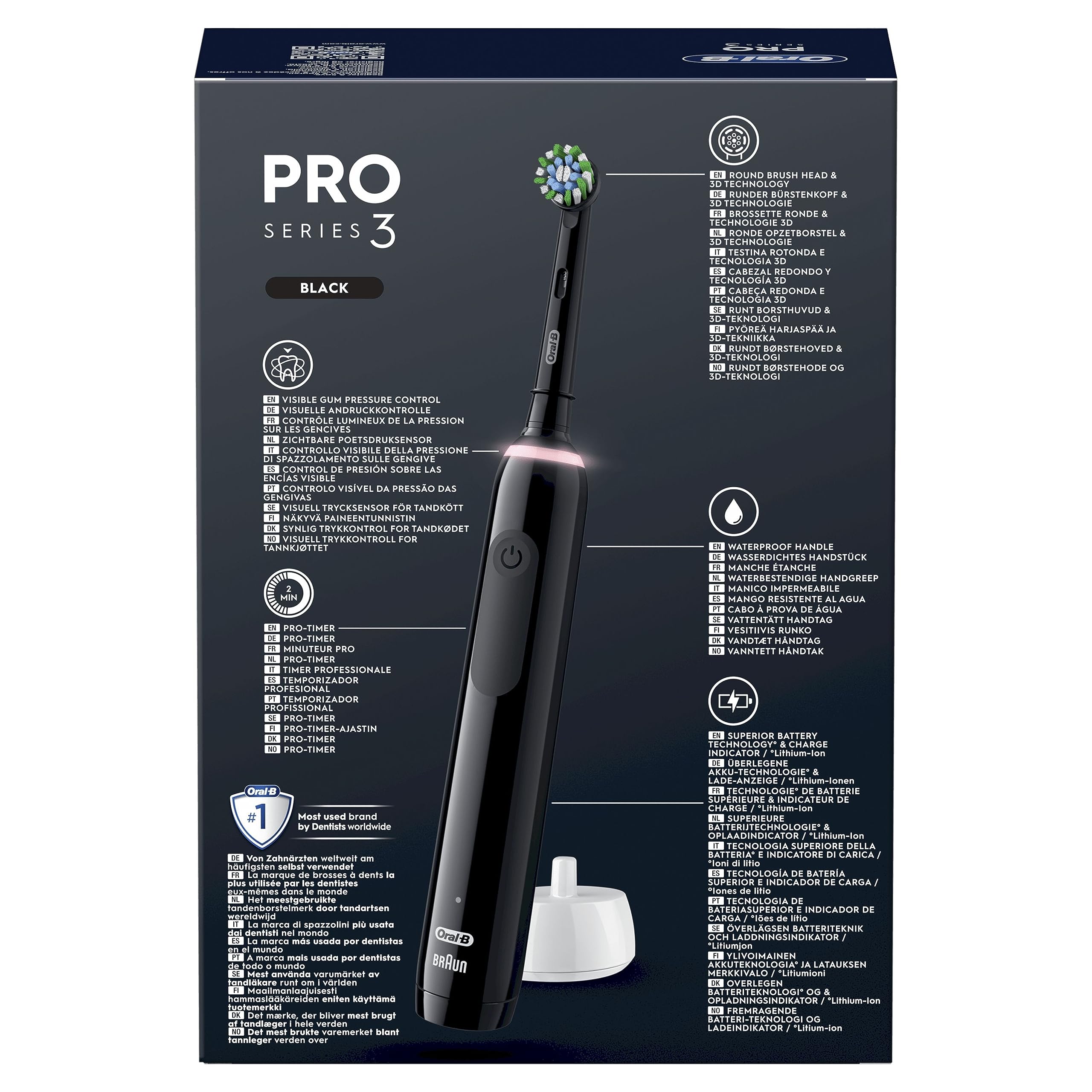 Oral-B Pro 3 3500 Brosse À Dents Électrique, Avec Capteur De Pression Pour Protéger Les Gencives, 3 Modes De Nettoyage, 1 Manche Noir, 1 Étui De Voyage, 2 Brossettes Rondes De Rechange