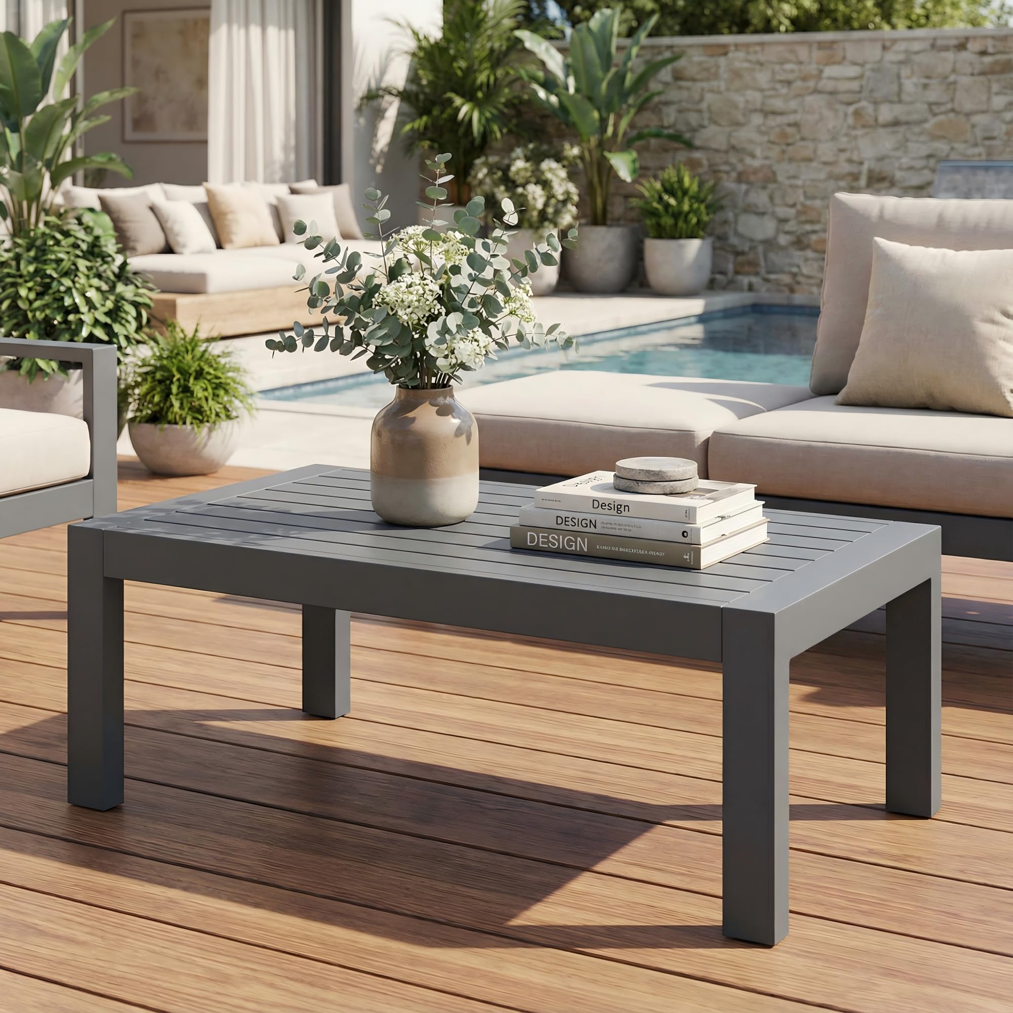 Solaste Aluminum Outdoor Coffee Table, All-Weather Rectangle Metal Patio Coffee Table Furniture for Balcony, Garden, Indoor or Outdoor Use, Dark Grey