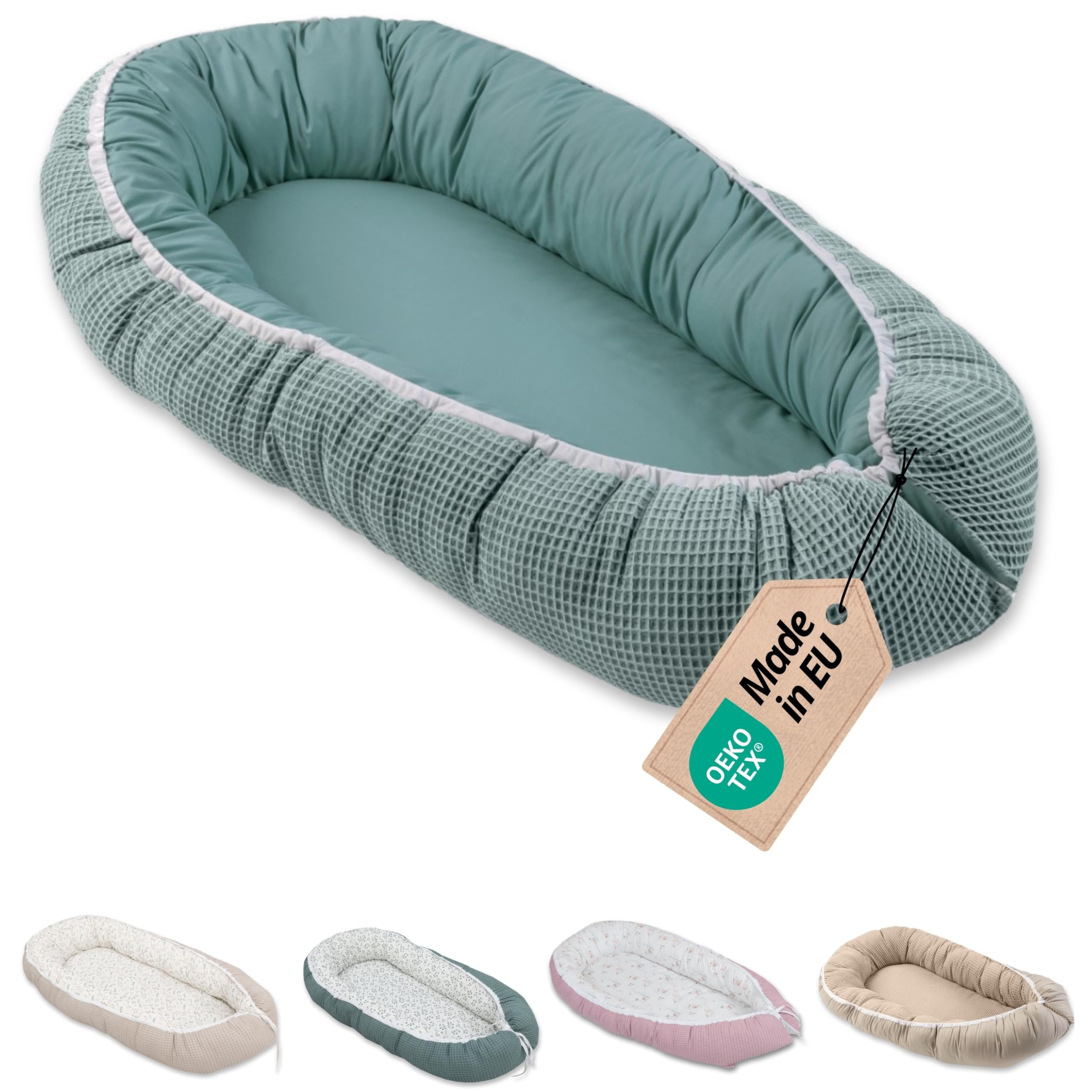 Réducteur lit bébé ULLENBOOM Vert sauge - 95x55 cm - Nid d’ange bébé Öko-Tex et fabriqué dans l'UE - motif baleines bleues – en coton douillet, convient comme lit de voyage ou cale bébé