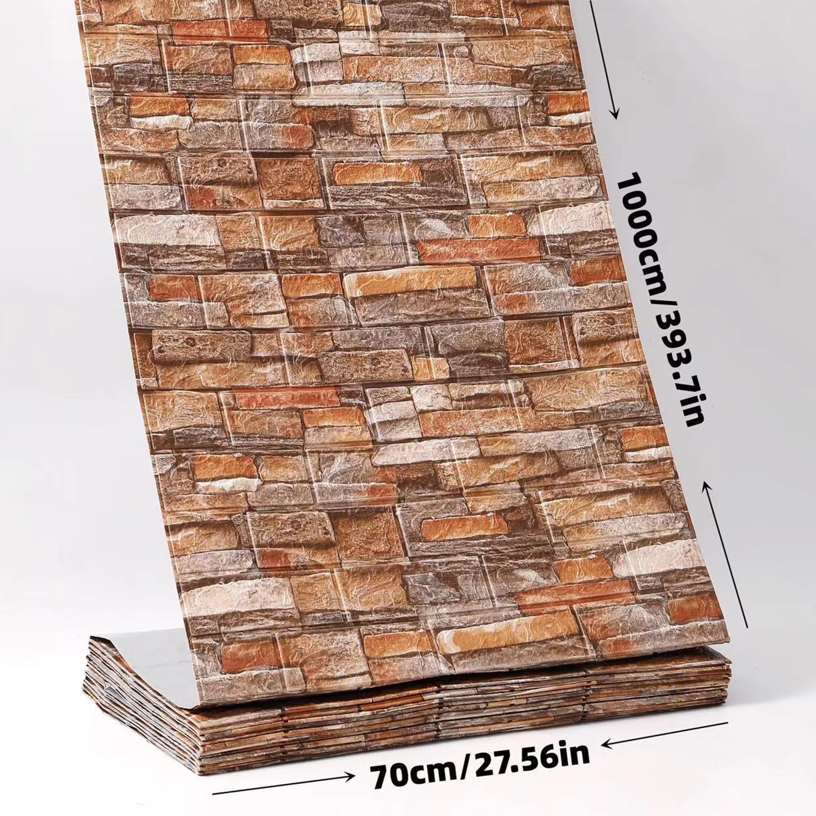Panneaux muraux autocollants 3D, 10M Papier Peint Aspect Brique Pierre Plié en Continu, Carreaux Muraux Étanches à Décoller et Coller pour Chambre Salle de Bain Cuisine (Rouge Brique)
