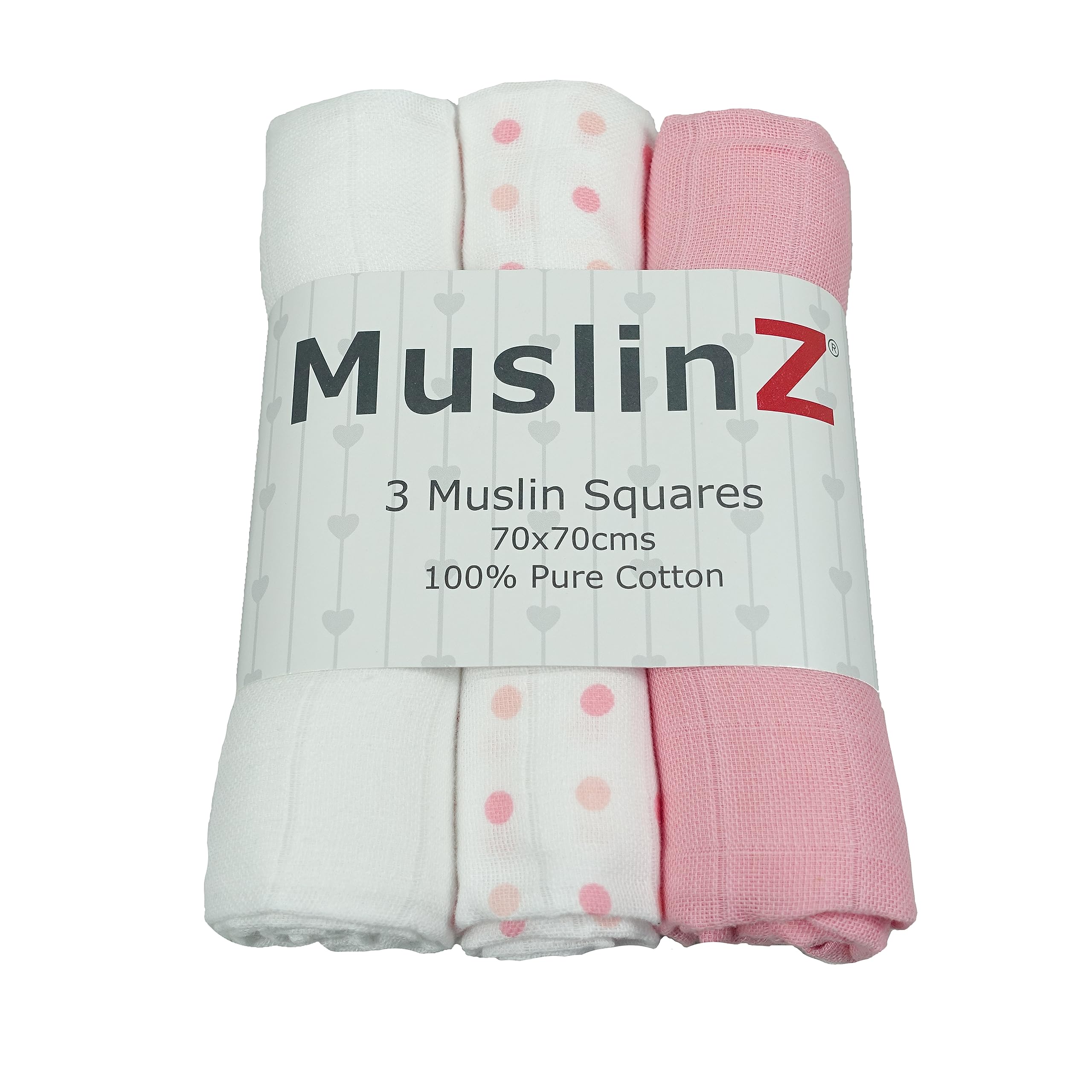 MuslinZ Baby Muslin Squares Burp Cloths 3 Pack 100% Pure Cotton, 70cms, Baby Essential, Soft Breathable and Absorbent (Pink Combo)
