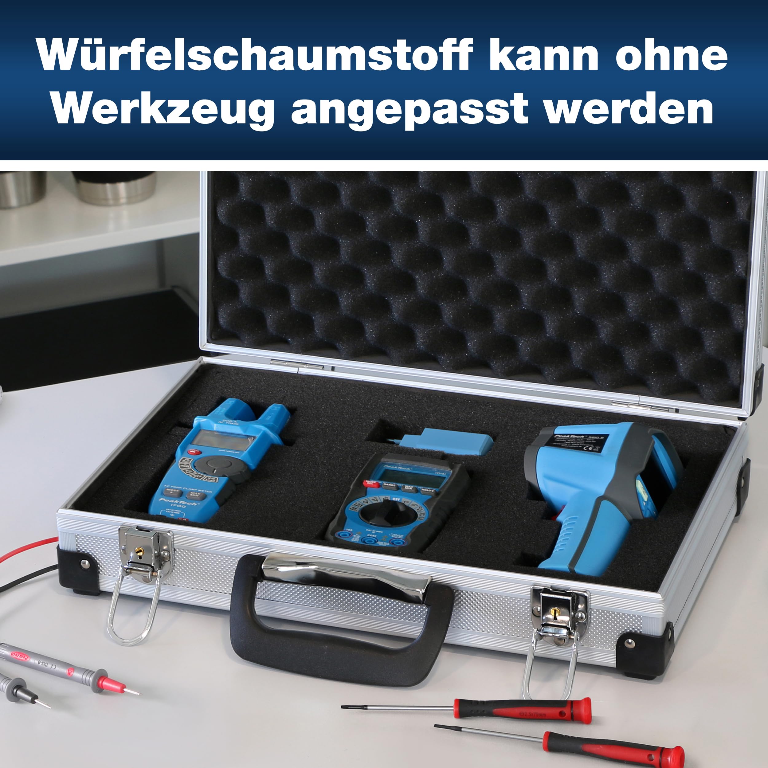 PeakTech P 7260 Alukoffer – abschließbarer Universal-Transportkoffer mit Würfelschaumstoff – tragbarer Fotokoffer – robuster Alu Koffer mit Schutz vor Regen und Staub – groß (370 x 230 x 80mm)