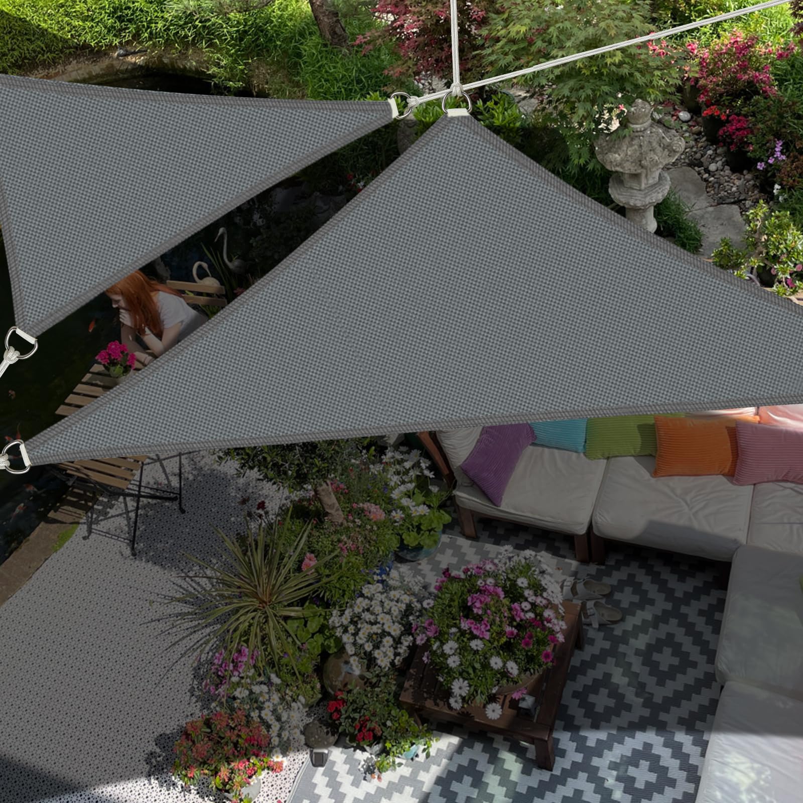 Voile D'ombrage Triangulaire 4x4x4m Avec Kit Fixation, Toile Ombrage Triangulaire Imperméable, Protection Solaire Et Anti UV, Toile D'ombrage Sans Perçage Convient aux Terrasse,Jardins et Serres（Gris）