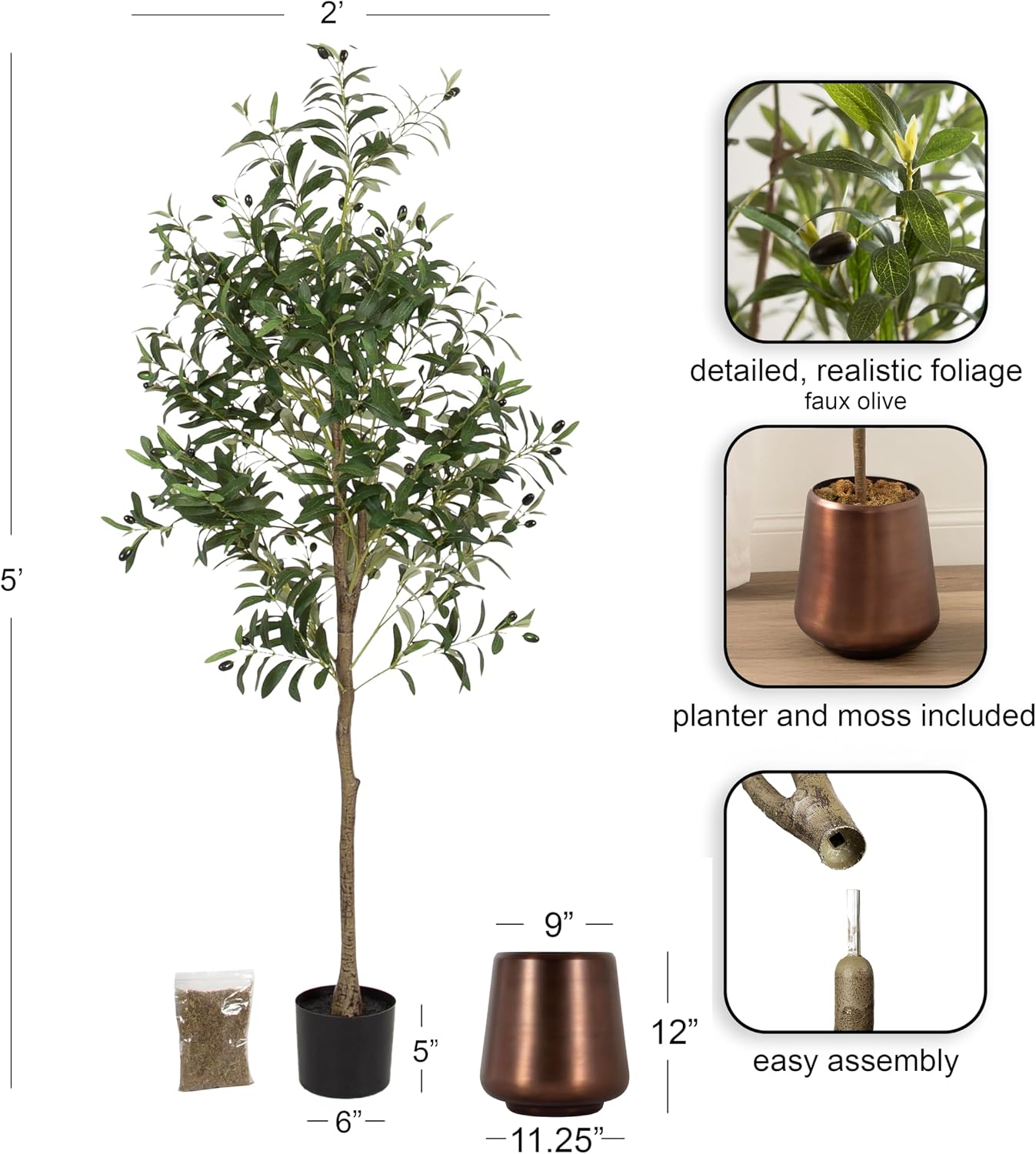Kate and Laurel Oliveira Faux Olive Tree with Portell Metal Planter Pot, 5 FT, Bronze, Potted Artificial Olive Plant Tree with Realistic Foliage and Added Moss, Fake Plant Living Room Decor