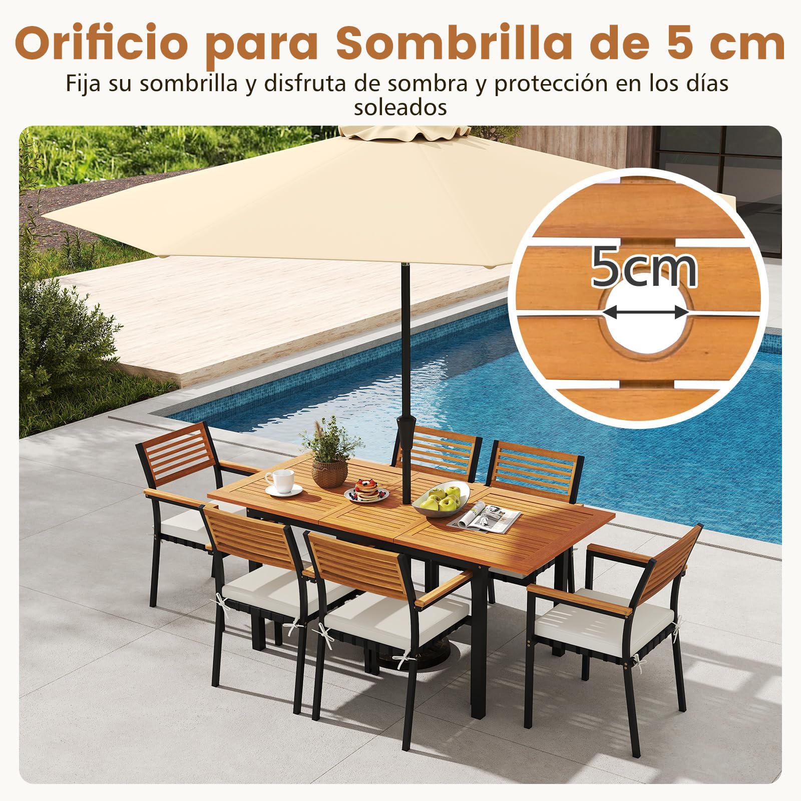 COSTWAY Conjunto Jardín Exterior de 7 Piezas, Madera Acacia, Muebles de Comedor con Mesa Extensible,6 Sillas Apilables，Cojines Extraíbles，Mesa y Sillas Jardin Patio Terraza Balcon