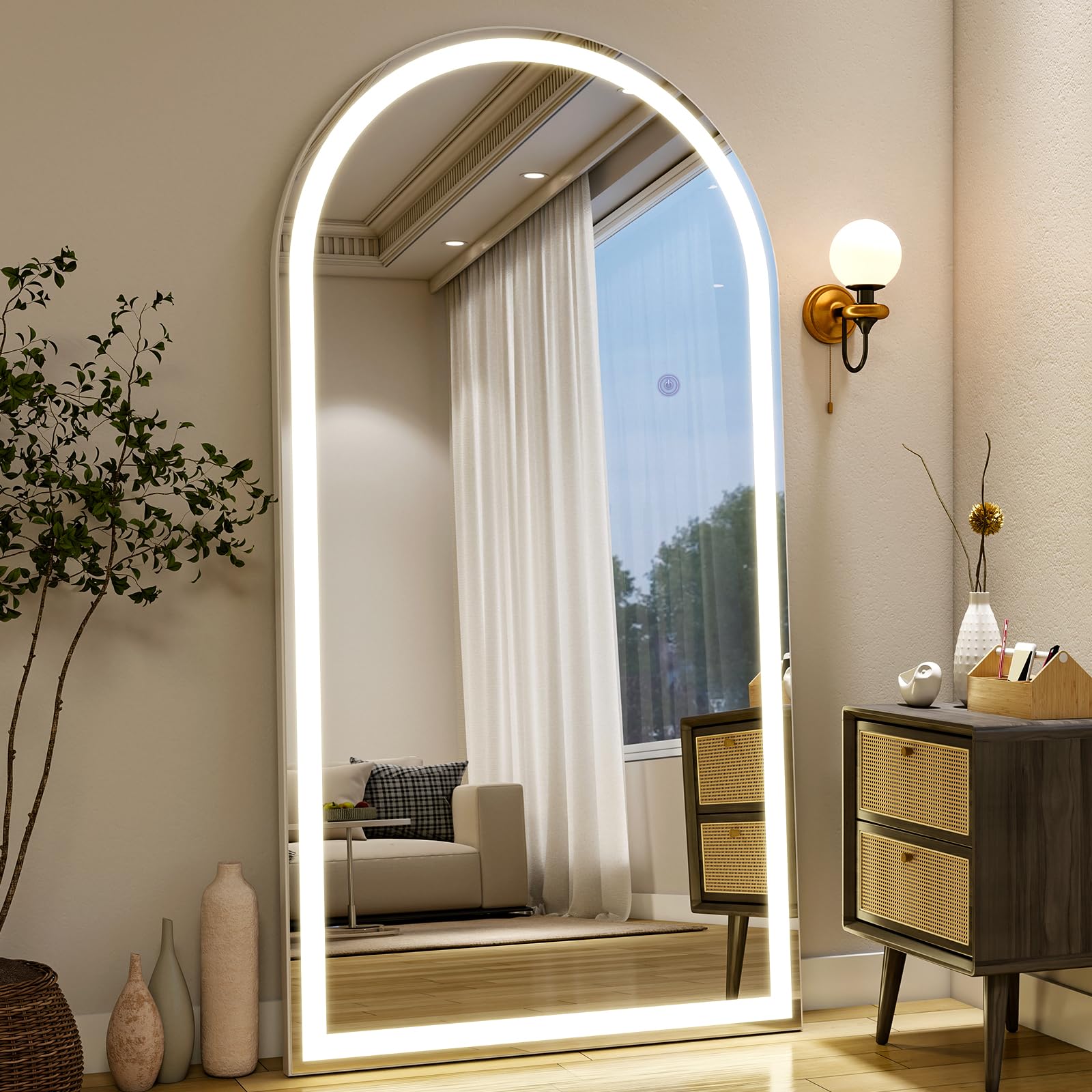 34"x76" arched full length mirror with led lights, standing or wall-mounted full body mirror with stand, dimmable 3-color lighted floor mirror for bedroom, dressing room, cloakroom