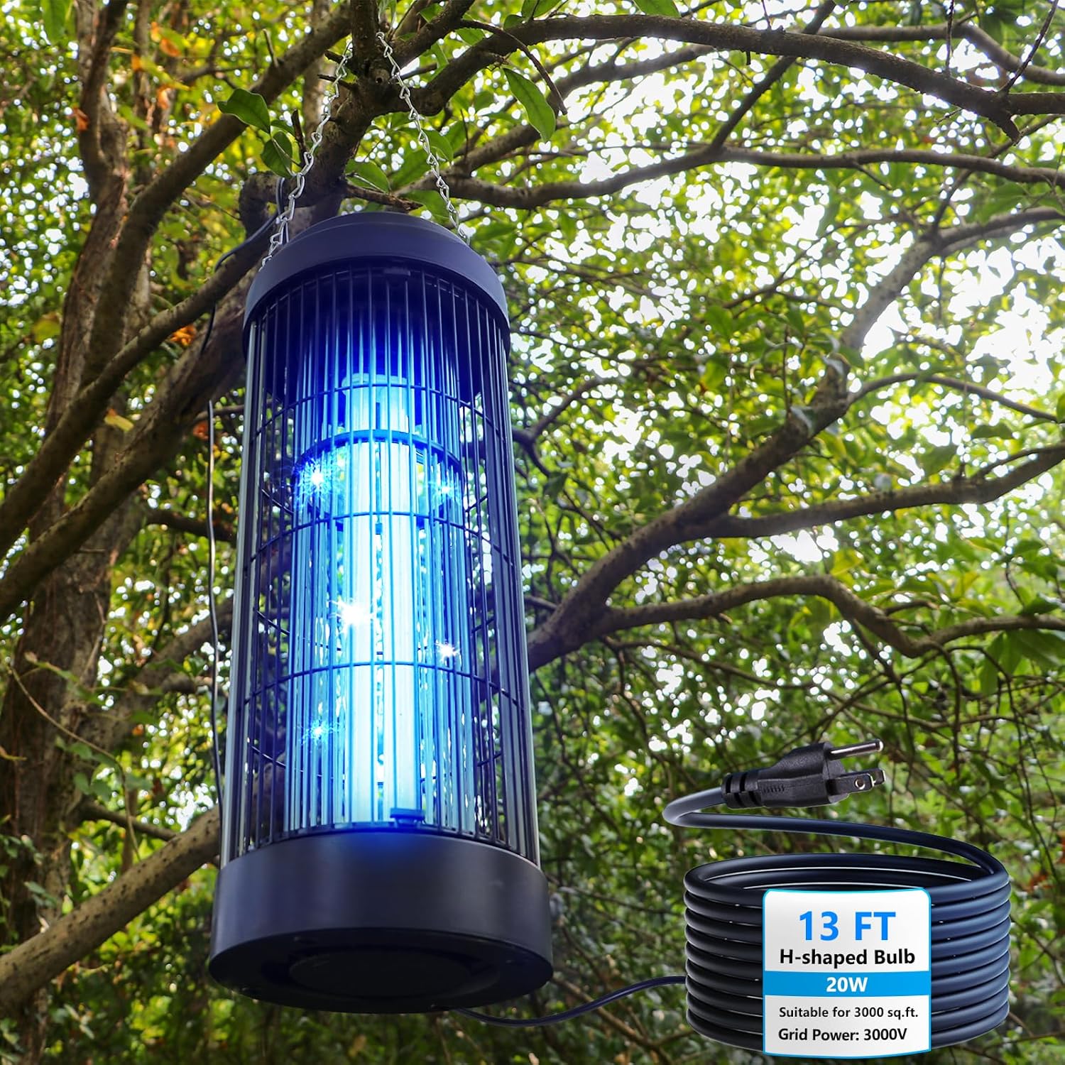 Small Bug Zapper Indoor for 3000 Sq.Ft. with 13FT Power Cord, 3000V Instant Killing Grid Removable Hanging High Power Outdoor Mosquito Killer, Fly Trap Lamps for Front Porch Backyard Outdoor 20W for 3000 Sq.Ft