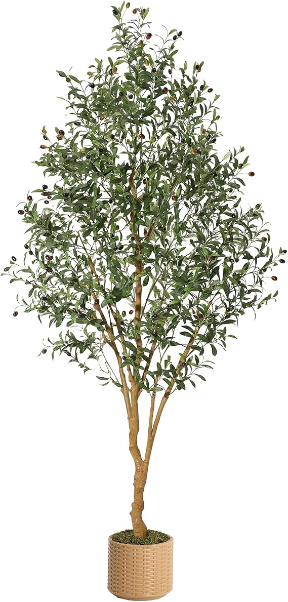 Olive Trees Artificial Indoor, 8ft Tall Artificial Olive Plants - Tall Faux Olive Tree with Planter, Fake Topiary Silk Tree with Natural Wood Trunk and Lifelike Fruits for Home Office Decor 1Pack