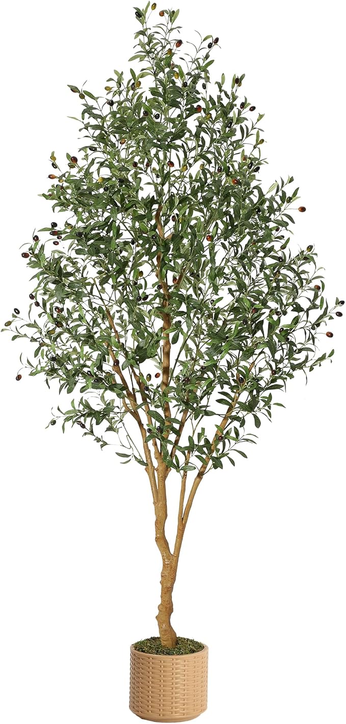 Olive Trees Artificial Indoor, 8ft Tall Artificial Olive Plants - Tall Faux Olive Tree with Planter, Fake Topiary Silk Tree with Natural Wood Trunk and Lifelike Fruits for Home Office Decor 1Pack