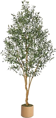 Olive Trees Artificial Indoor, 8ft Tall Artificial Olive Plants - Tall Faux Olive Tree with Planter, Fake Topiary Silk Tree with Natural Wood Trunk and Lifelike Fruits for Home Office Decor 1Pack