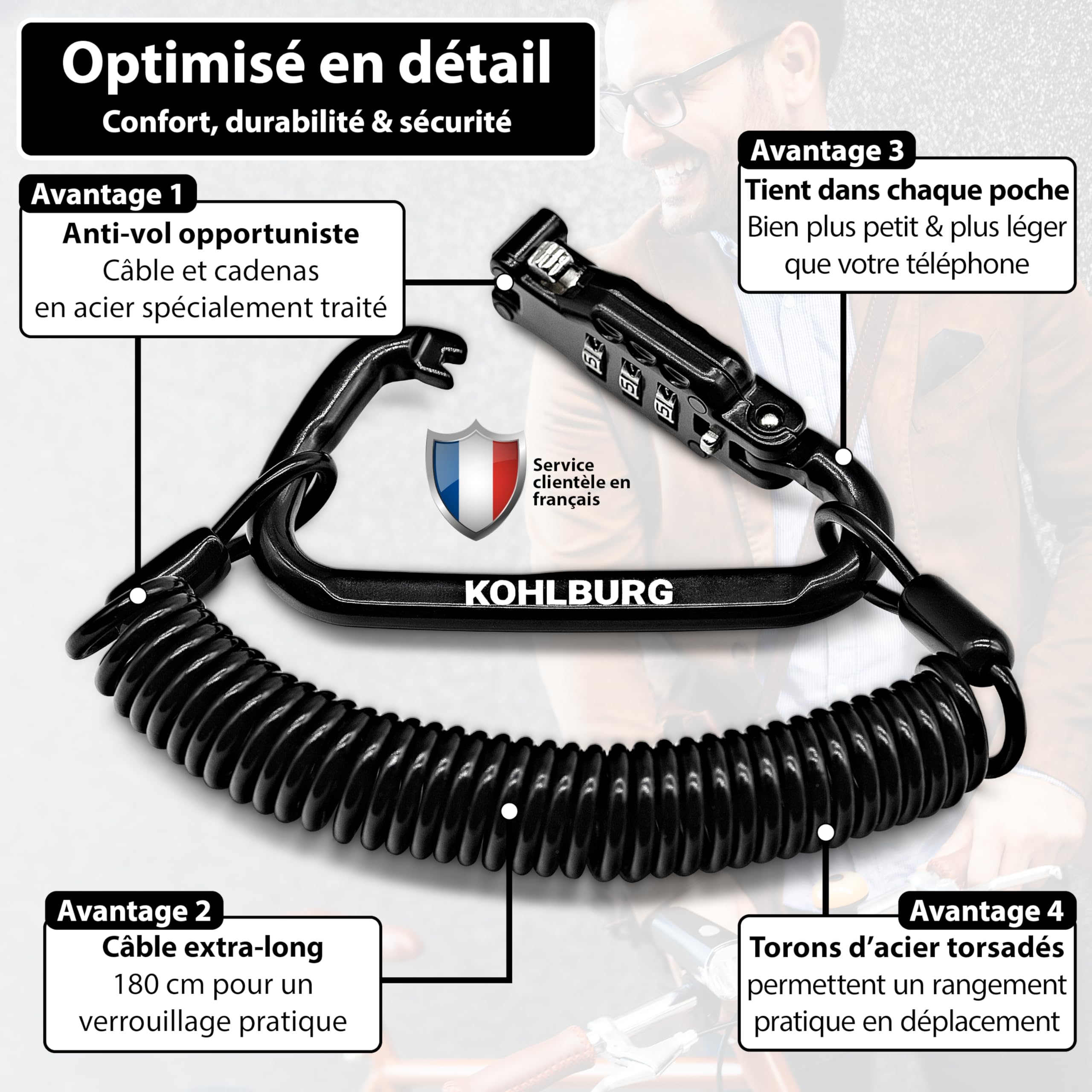 KOHLBURG Cable antivol 180 cm flexible solide cadenas code 3 mm pour poussette casque snowboard ski vélo