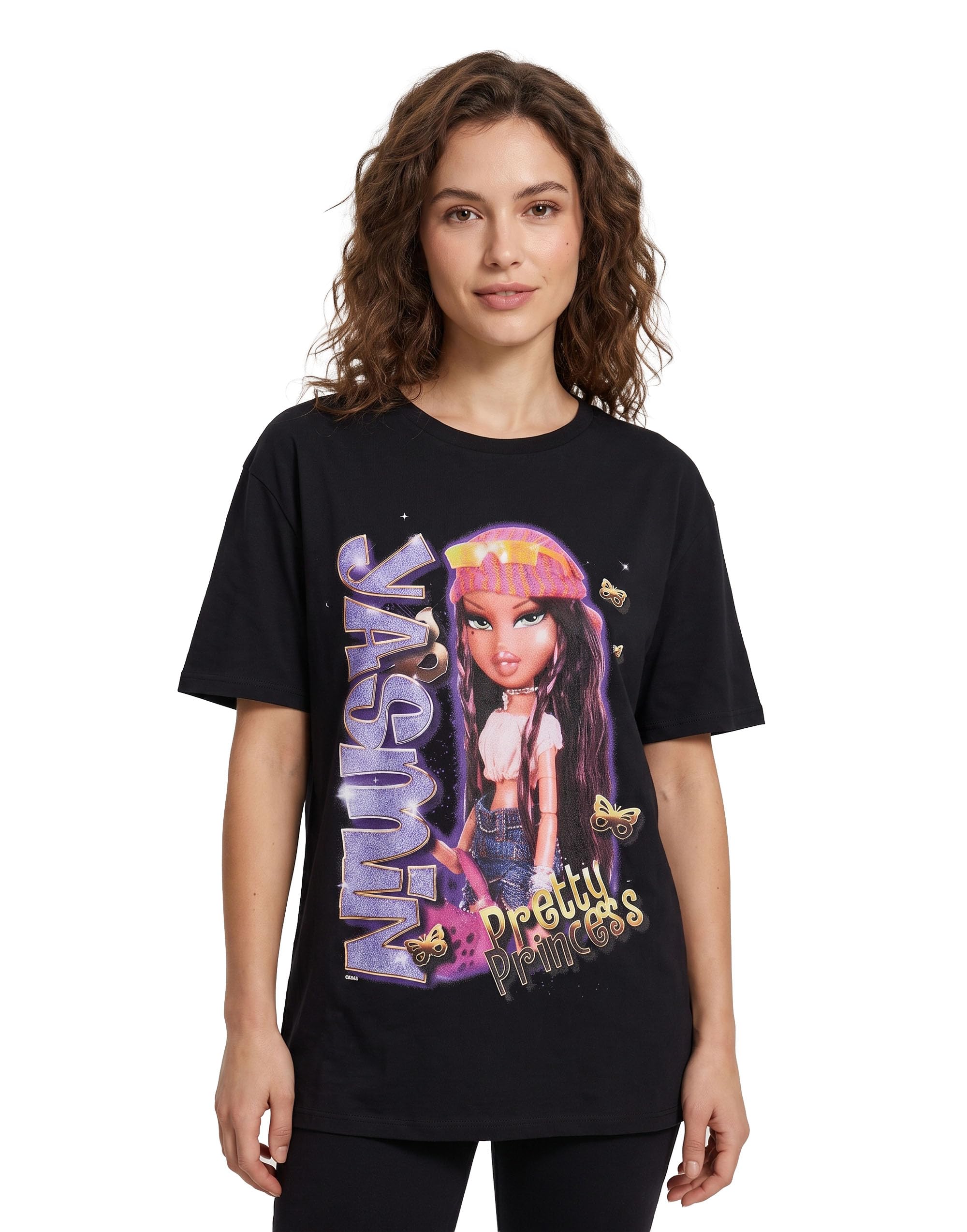 Bratz Women's Yasmin - Black Yasmin T-Shirt | Y2k Bling Short Sleeve Graphic Tee In Black | Pretty Princess Classic Doll Chrome Relaxed Fit Apparel Top | Nostalgic Doll Character Merchandise Gift