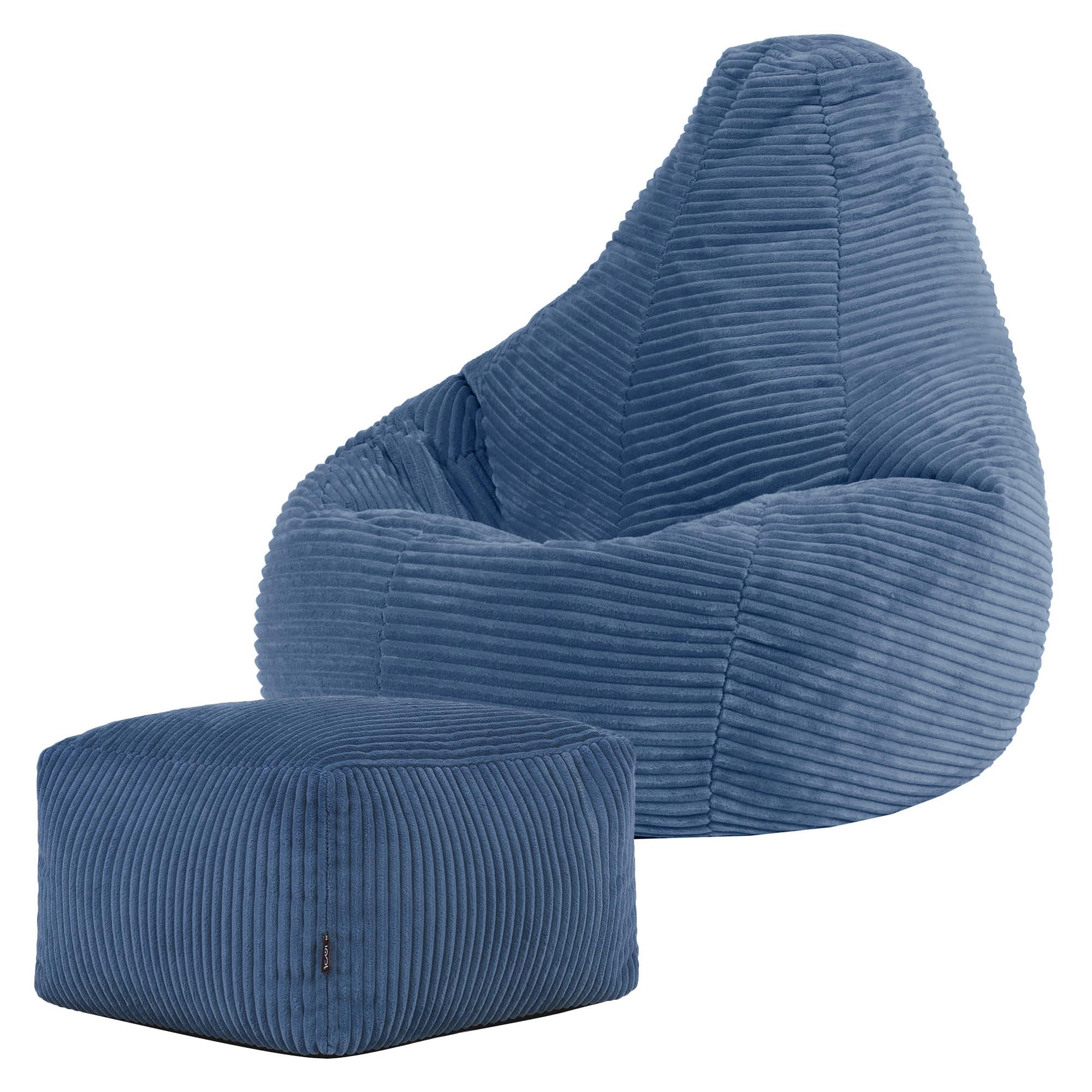 icon Dalton Kids Bean Bag and Footstool, Denim Blue, Cord Kids Bean Bag Chair with Filling Included for Girls and Boys, Childrens Chair, Beanbags for Children, Playroom Décor, Bedroom Accessories