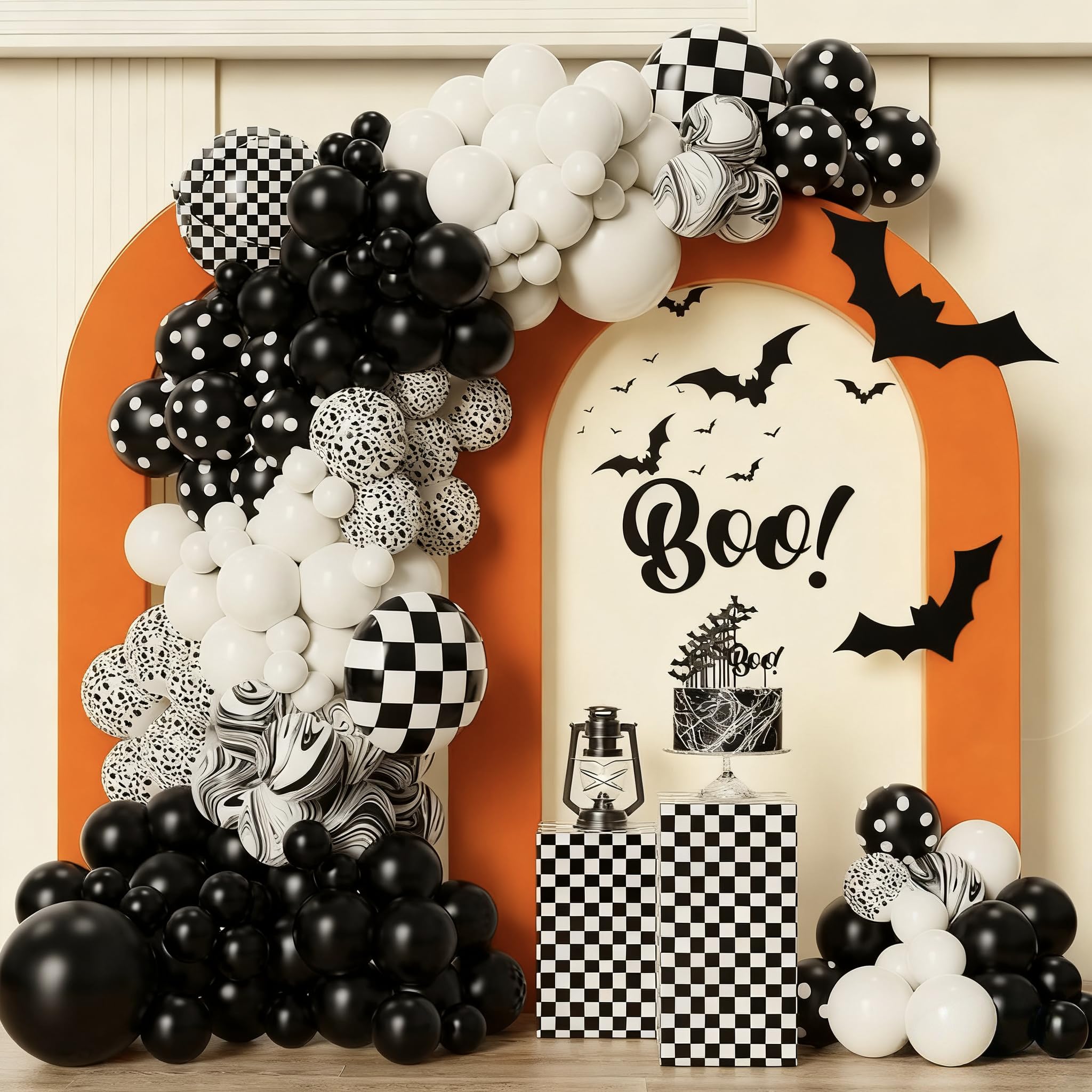 137Pcs Halloween Black & White Balloon Garland Arch Kit with Checkered Mylar Balloons for Spooky Halloween Party Decorations, Haunted House Setup