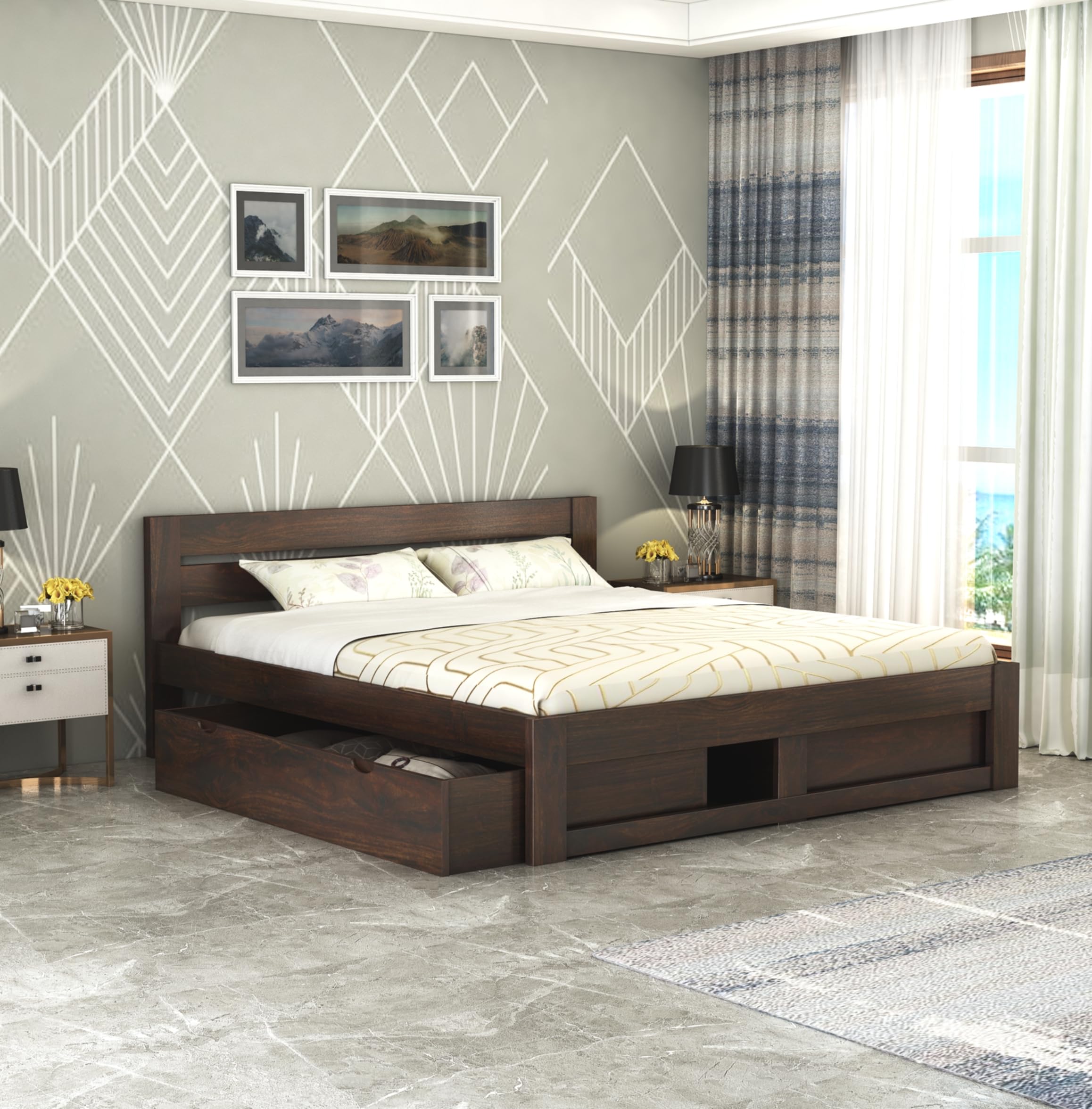 STRATA FURNITURE Sheesham Wood King Size Bed with Drawer Storage and Headboard for Bedroom Living Home Room Wooden Double Bed Cot Palang Furniture (Walnut Finish)