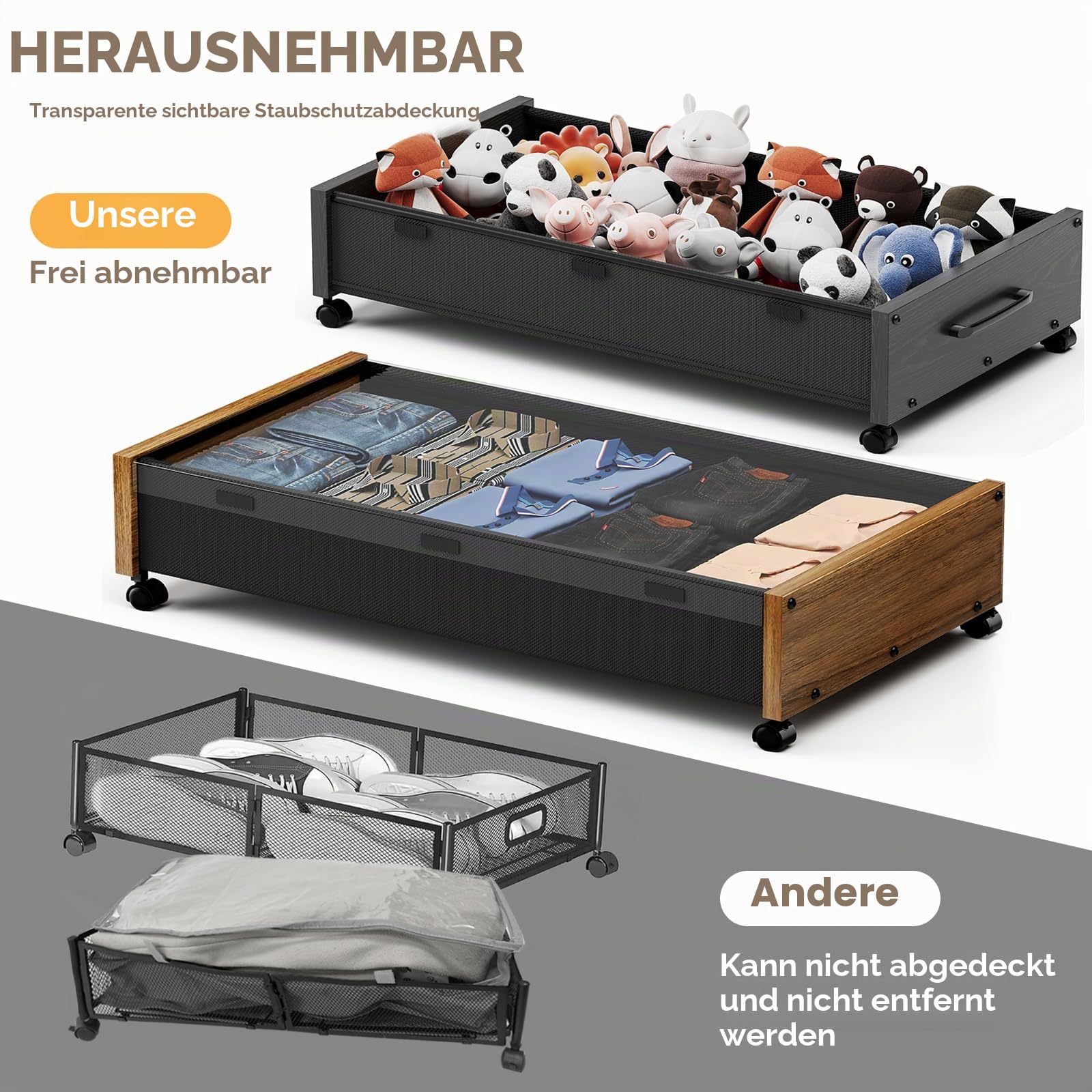 Holz-Bettkasten-Aufbewahrung mit Rädern, 80 L extra große Rollung unter dem Bett, 2er-Set mit abnehmbarem Deckel, verbesserte Metall-Bettkasten-Aufbewahrung für Kleidung (Vintage Braun-2er-Set)