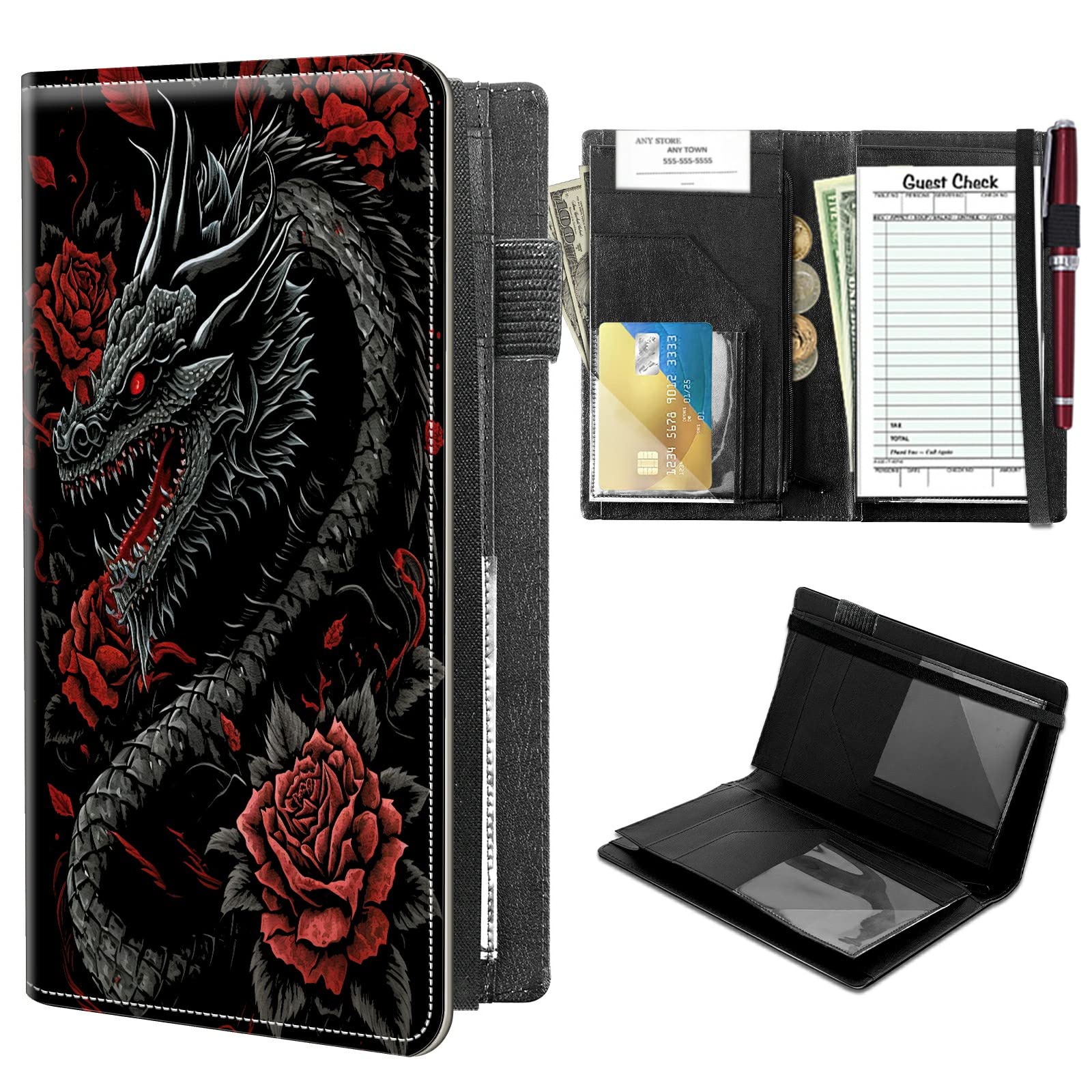 High Volume Server Books, Dragon Red Roses Server Book w/ 2 Expandable Pockets 9 x 5 Cute Waitress Book Zipper Pocket & Strap Closure Waitstaff Organizer Server Booklet Waiter Money Wallet