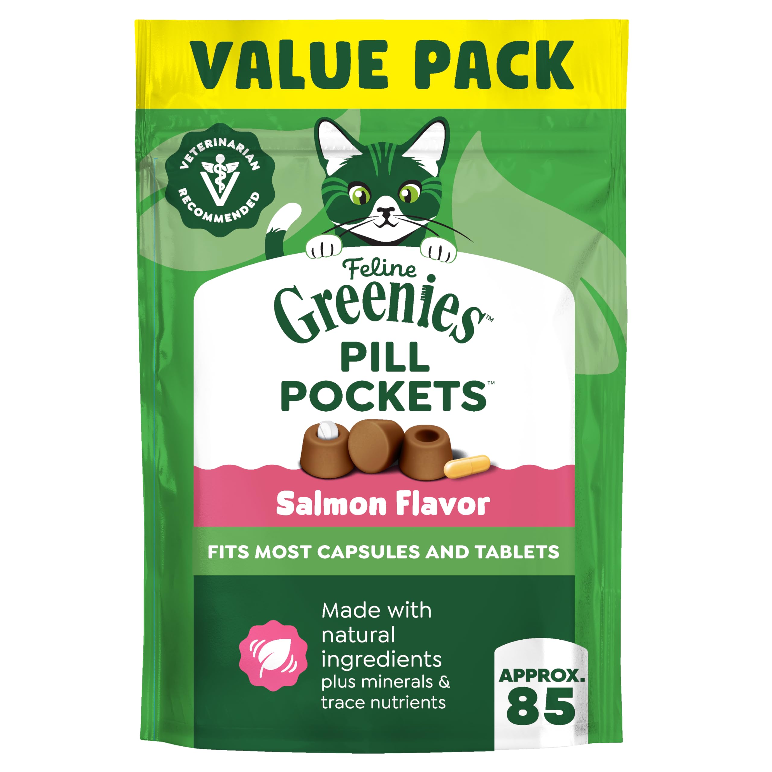 FELINE GREENIES PILL POCKETS for Cats Natural Soft Cat Treats, Salmon Flavor, 3 oz. Pack (85 Treats)