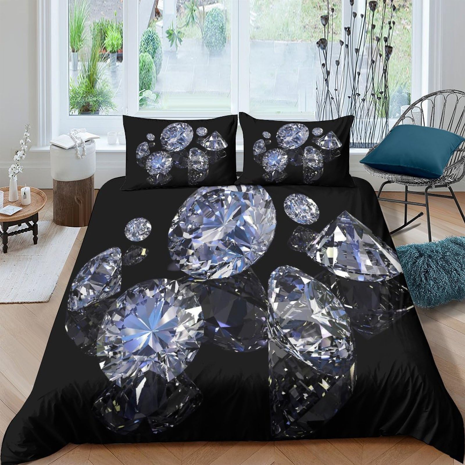 Ctjqhvkz Style-8 3D Printed Diamond Crystal Fitted Sheet Microfiber Black Luxury Bed Cover For Bedroom Guest Room Mattress Protection Single（135X200cm）