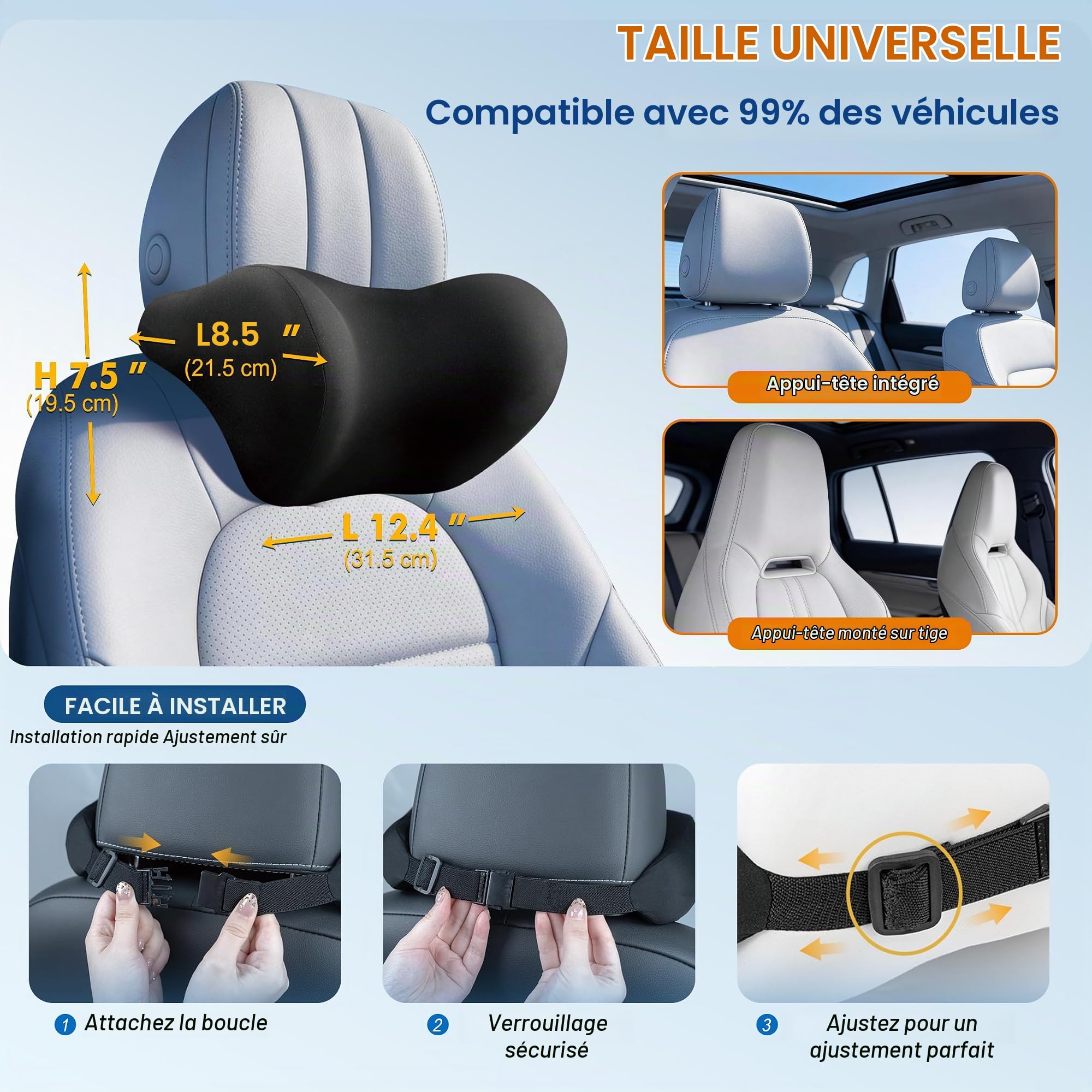 Lot de 2 coussins de nuque pour voiture : oreiller ergonomique en mousse à mémoire de forme pour appuie-tête de voiture, coussin de soutien du cou pour les longs trajets, coussin de soutien pour