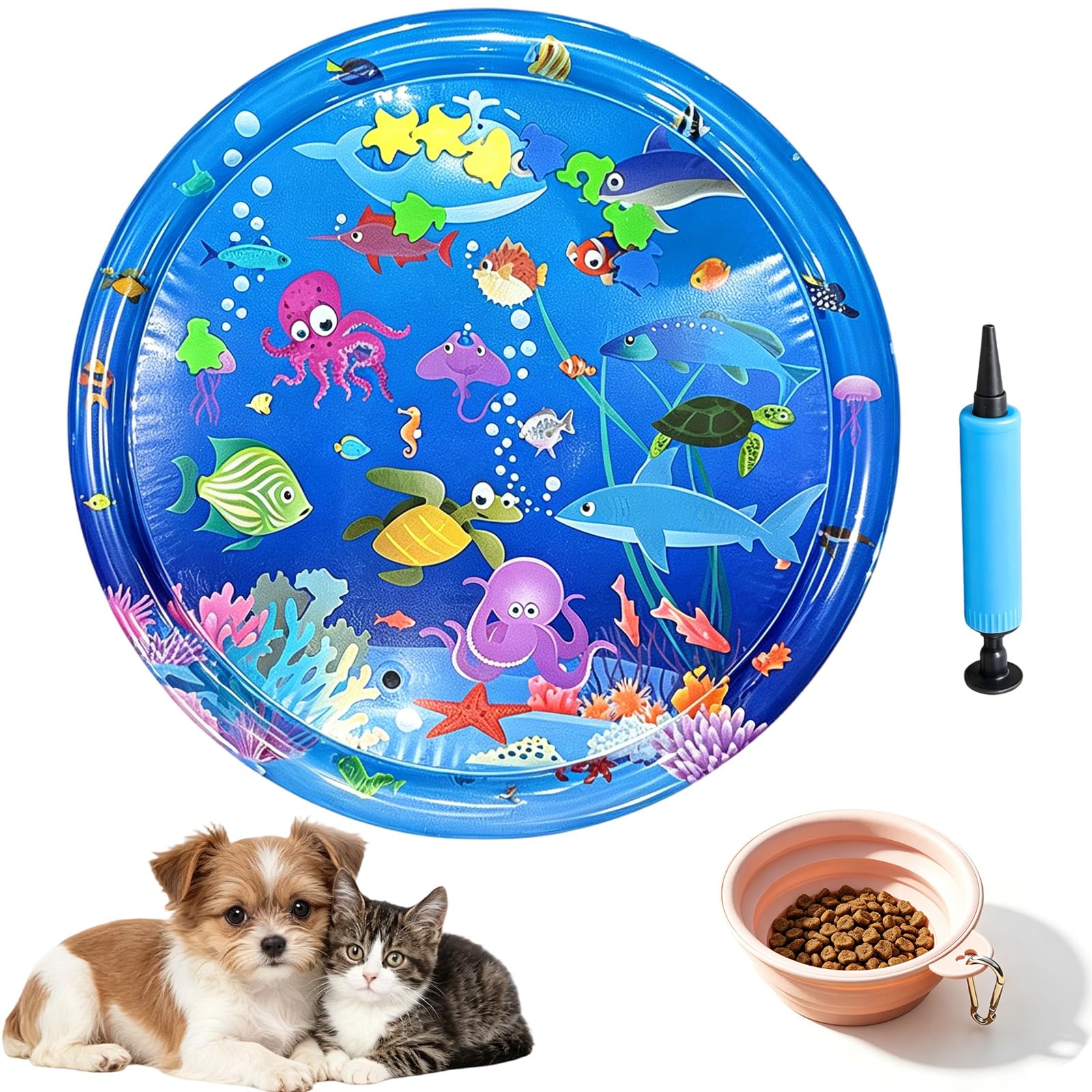 ELMVAR Pet Water Sensory Mats, Interactive Cat Water Mats for Indoor Cats, Anti-Scratch Water Filled Play Mat with Floating Fish, Exercise Hunting Toys for Cats (Ocean World)