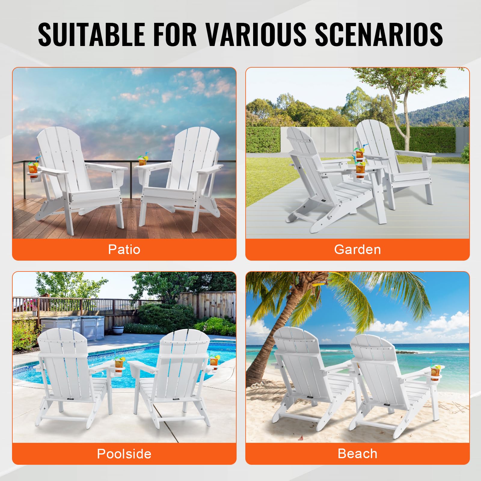 VEVOR 2 Juegos de Sillas Adirondack de Plástico Plegables y Portátiles de 800 x 755 x 915 mm para Exteriores, con Portavasos, Reposabrazos Relajante y Ergonómico para Jardín, Patio Trasero, Blanco