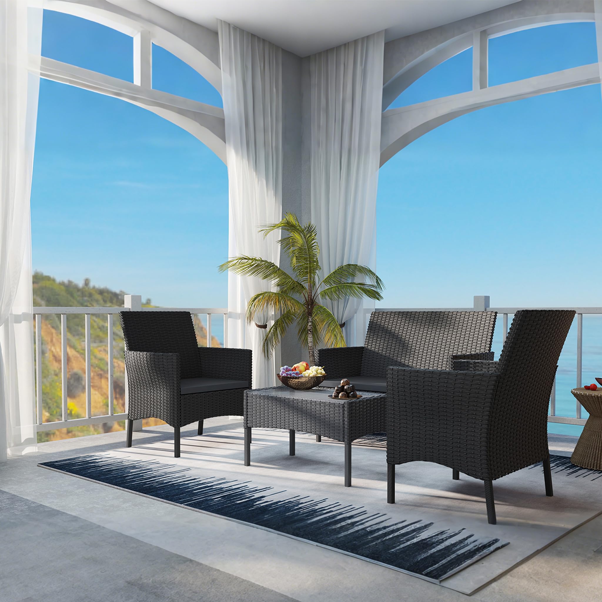 UISEBRT Mobili da giardino in polyrattan per 4 persone, con 1 divano doppio, 2 divani singoli, 1 tavolo con piano in vetro e cuscino, per esterni, resistenti alle intemperie, per terrazza, giardino