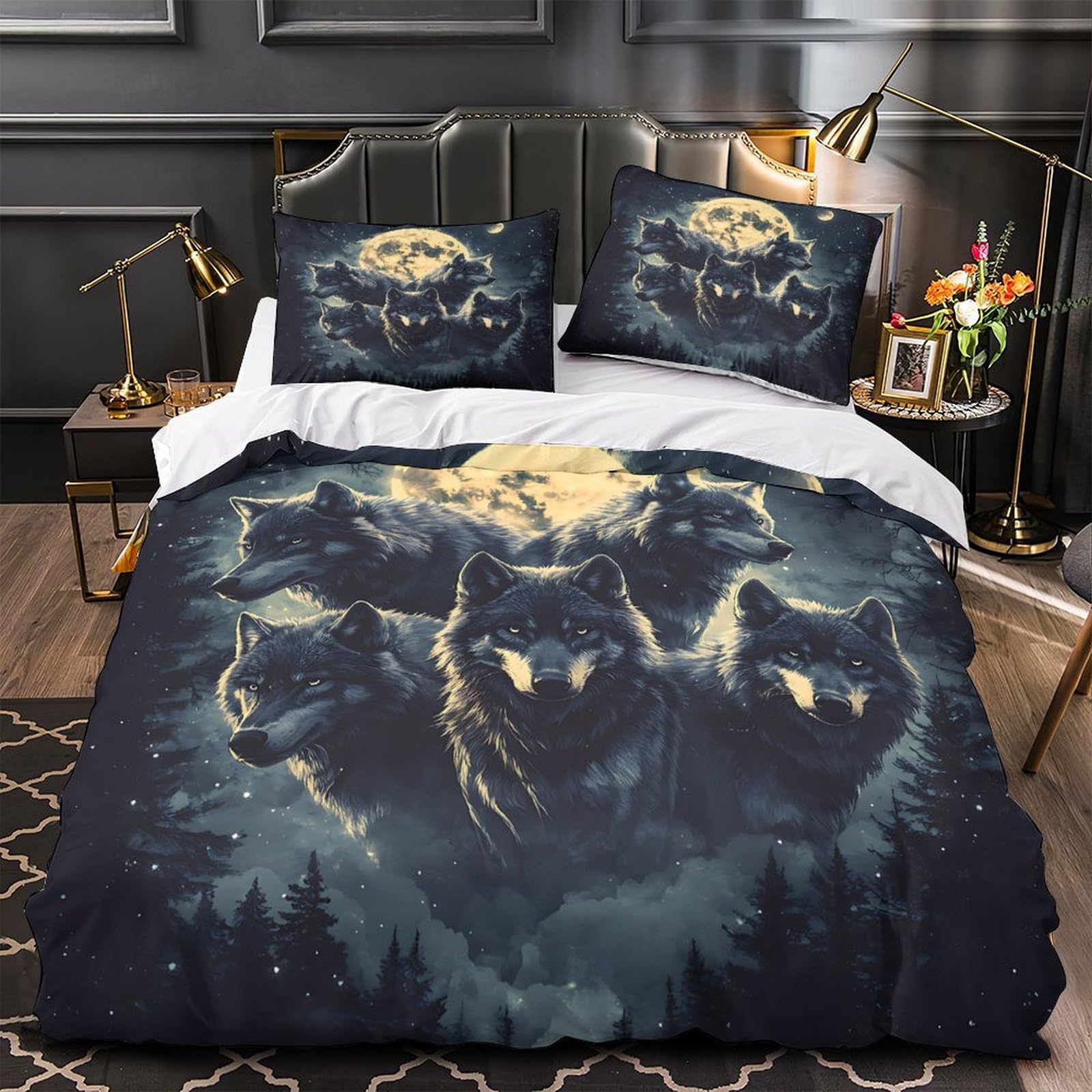 Housse de Couette Loup 3D Lit Double 200x200cm Microfibre Ultra Douce