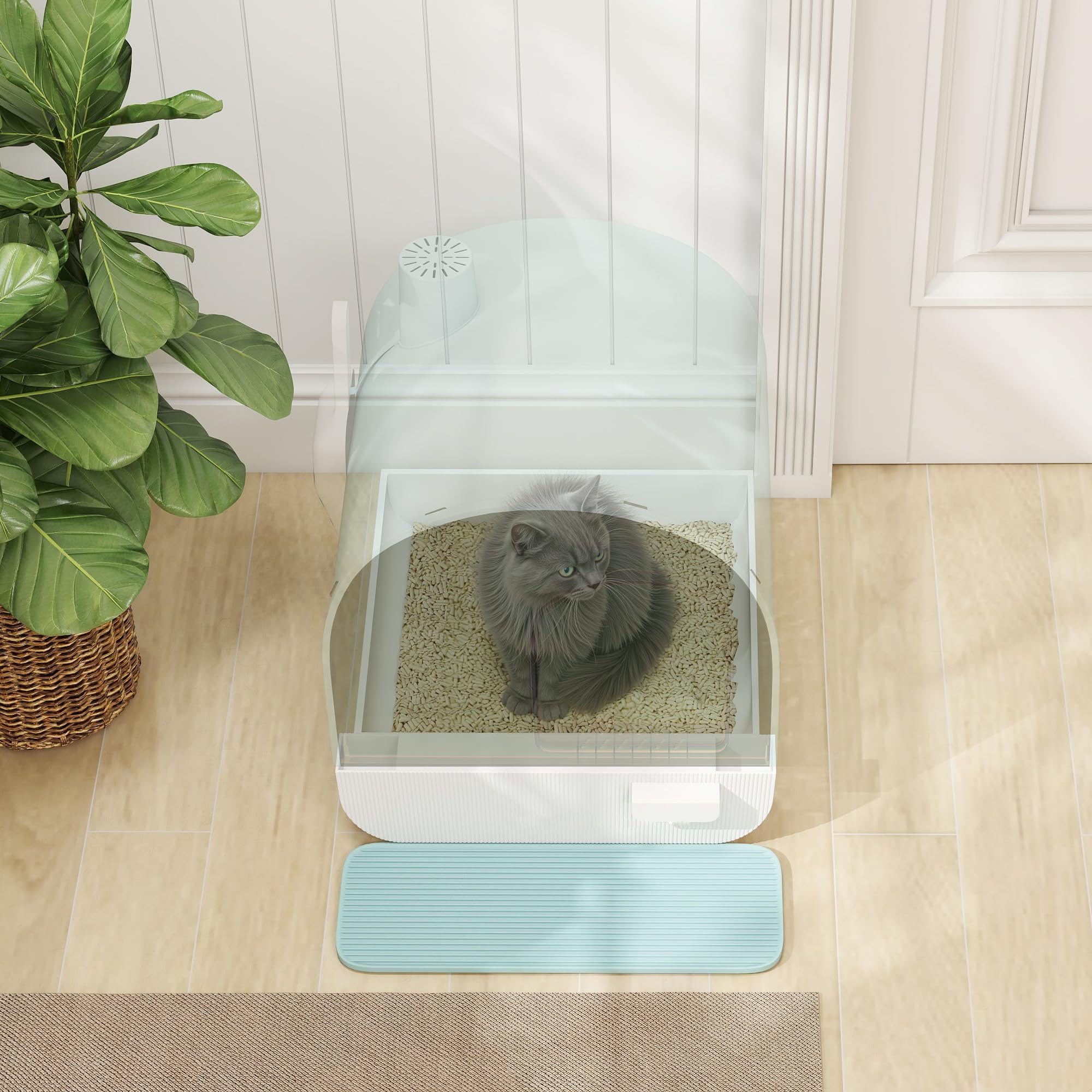 PawHut Lettiera per Gatti Chiusa, Casetta con Vassoio Estraibile, Paletta, Porta e Filtri Antiodore, Toilette per Gatti Antipertita con Tappetino, Verde, Bianco e Nero