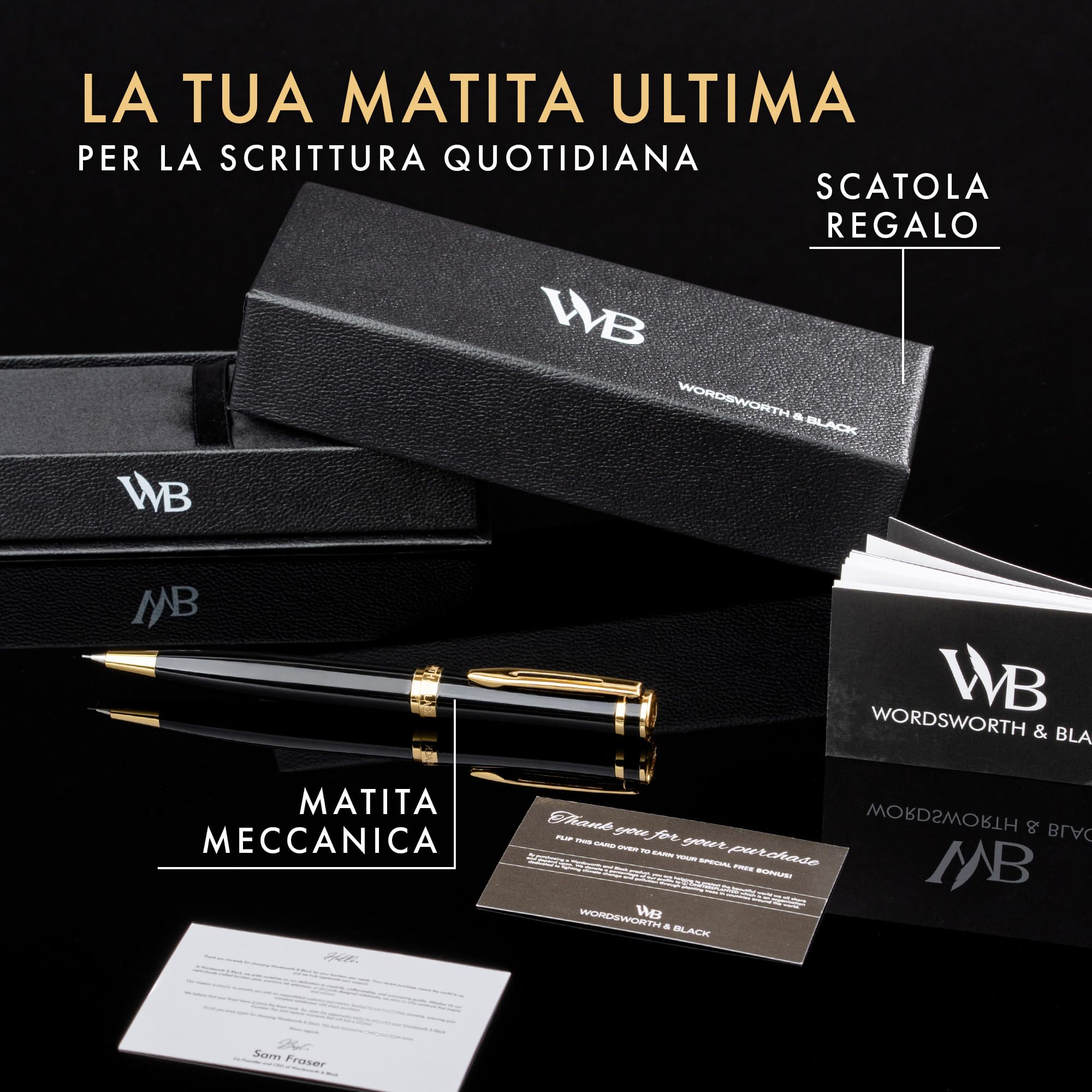 Wordsworth & Black Matita Meccanica Mina di Grafite - Laccatura Nera con Finitura in Oro 24K, Mina da 0,7 mm, Set Regalo per Uomo e Donna, Matite Professionali per Ufficio