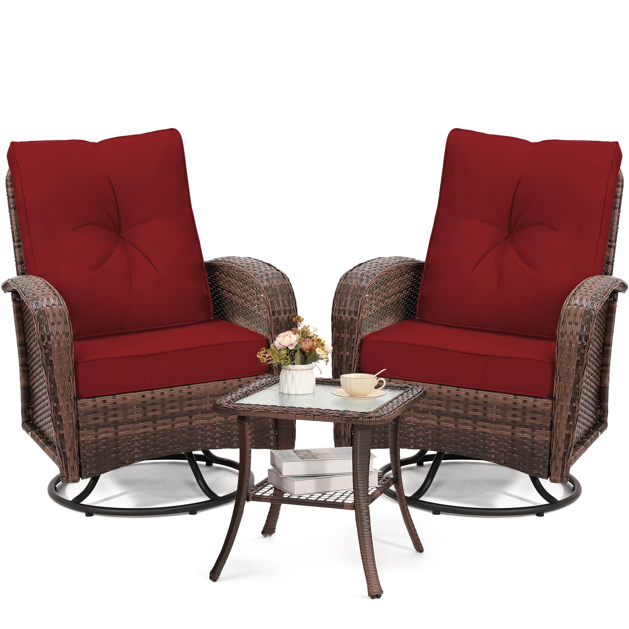 Luxury Outdoor Swivel Wicker Glider Patio Chairs with Table Set, Overstuffed Washable Cushions, Ideal for Porch, Balcony, Deck, Brown Rattan and Red Cushion