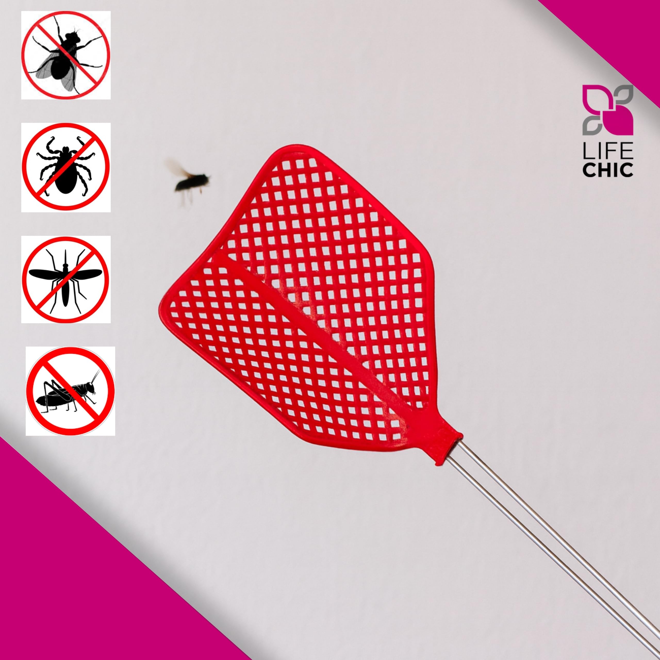 Battimosche Manuale 43 cm – Manico in Ferro, Paletta Flessibile in Plastica Rossa – Scacciamosche per Interni ed Esterni – Contro Mosche, Zanzare e Insetti Volanti - Confezione da 2 pezzi