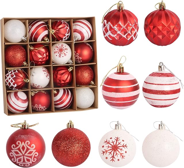 Kaket Christmas Baubles Balls for Christmas Tree, 16pcs Xmas Tree Baubles Christmas Shatterproof Balls Hanging Balls Ornaments for Christmas Decoration Xmas Party Decorations (Red White)