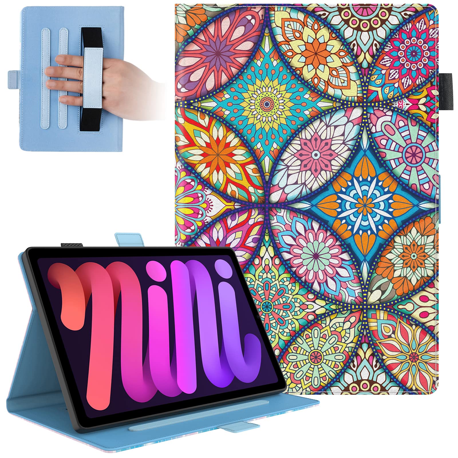 Dteck for iPad Mini 8.3" (A17 Pro), Mini 6 (6th Gen) 8.3" Smart Folio Case with Auto Sleep Wake, Stand, Grip Hand Strap, Elastic Stylus Pen Loop
