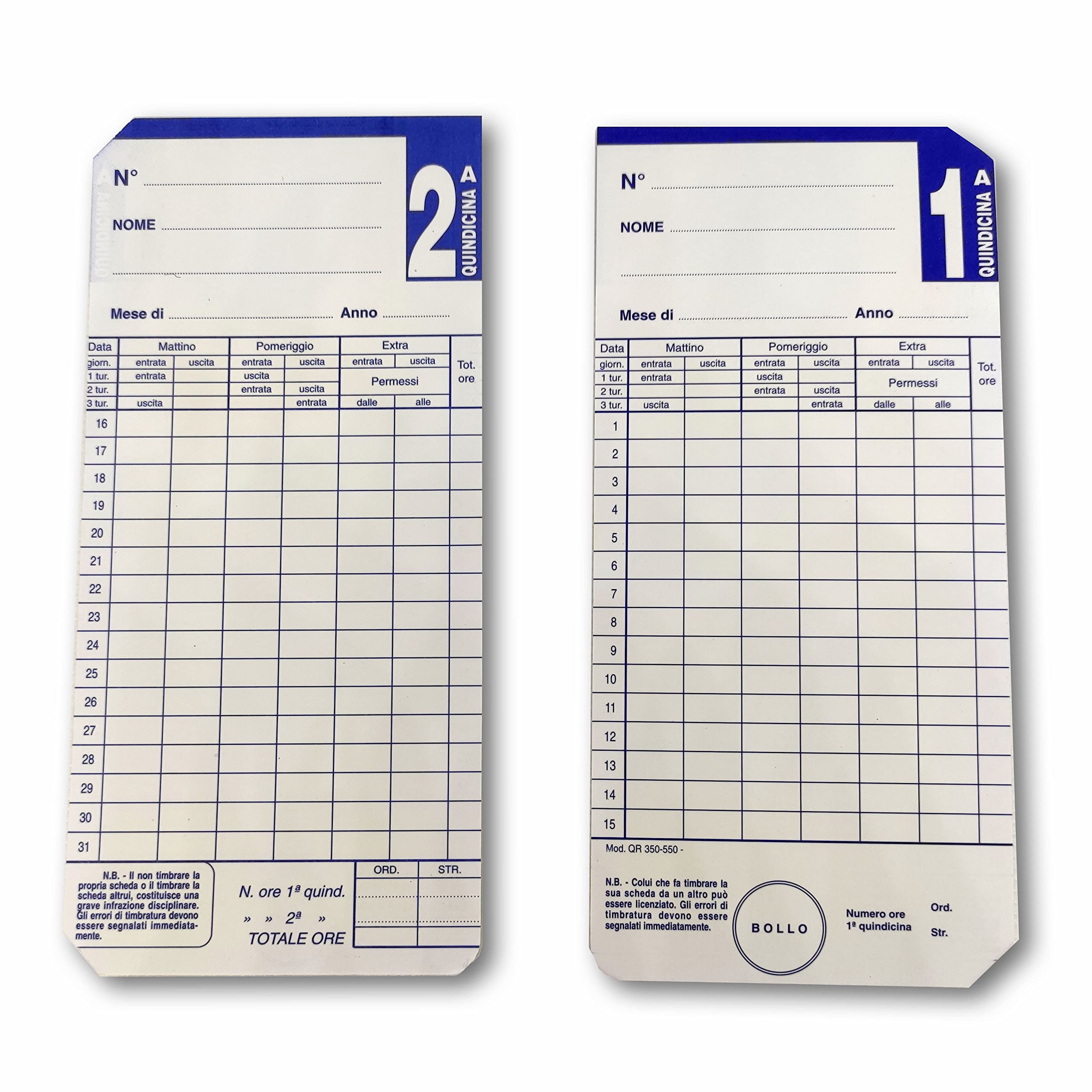 X-TIME SERVICE | 100 Cartellini Mensili QR350-550 da Timbrare per l'Orario di Lavoro, compatibile