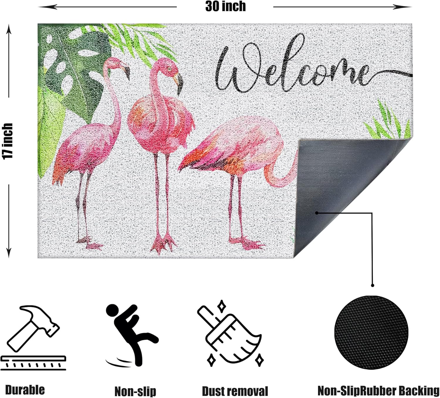 Flamingos Door Mat, Hot Pink Flamingo Welcome Doormat Bathmat for Bathroom Home Outdoor Indoor Entrance, Tropical Bird Welcome Mats for Front Door Porch Entryway, 17x30 Inches