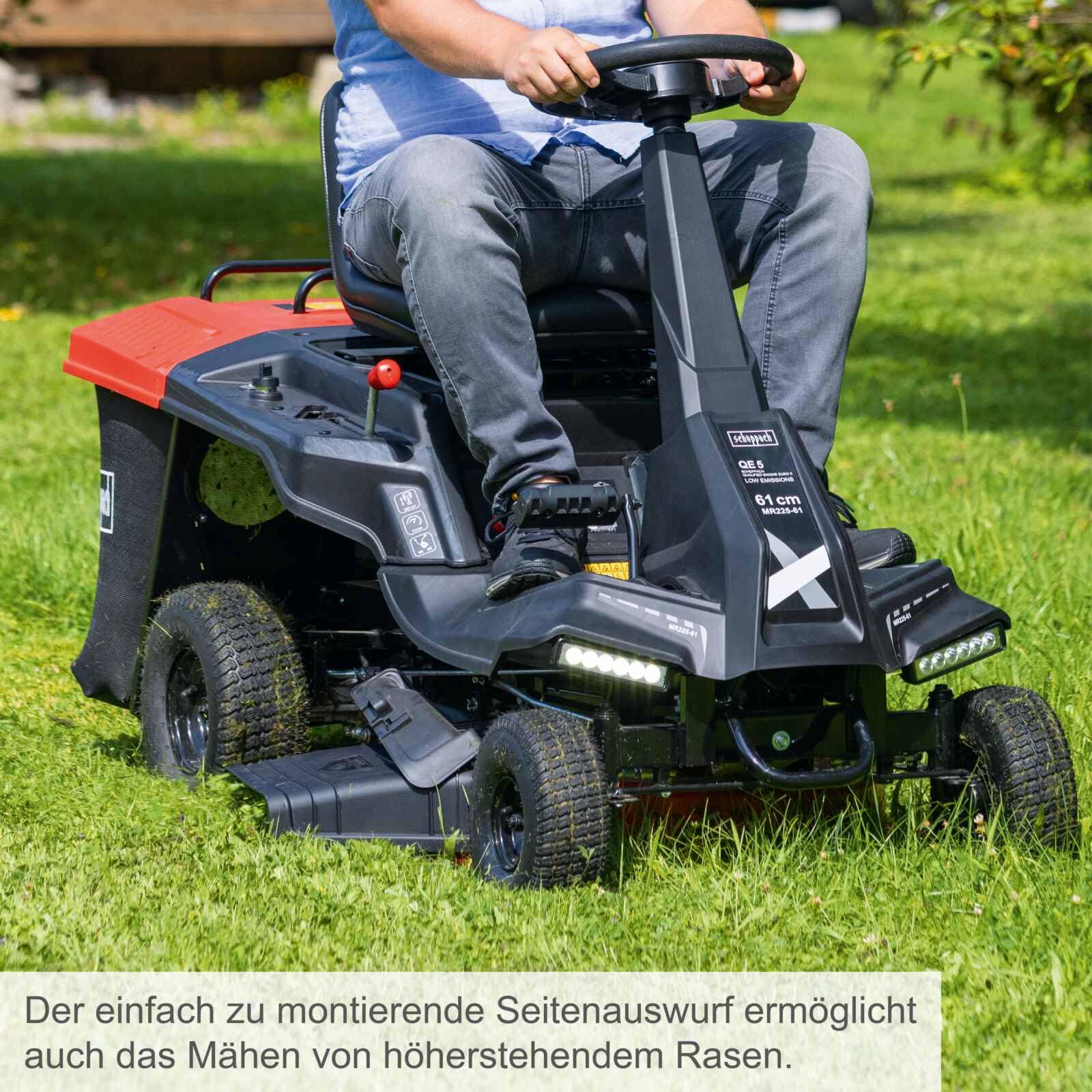 Scheppach Benzin Aufsitzmäher MR235-61 | 6PS | E-Start | LED | inkl. Öl & Abdeckhaube | 61cm Schnittbreite | 35-75mm Schnitthöhe | Rasentraktor mit 150L Fangkorb | 4xVor- / 1xRückwärtsgang