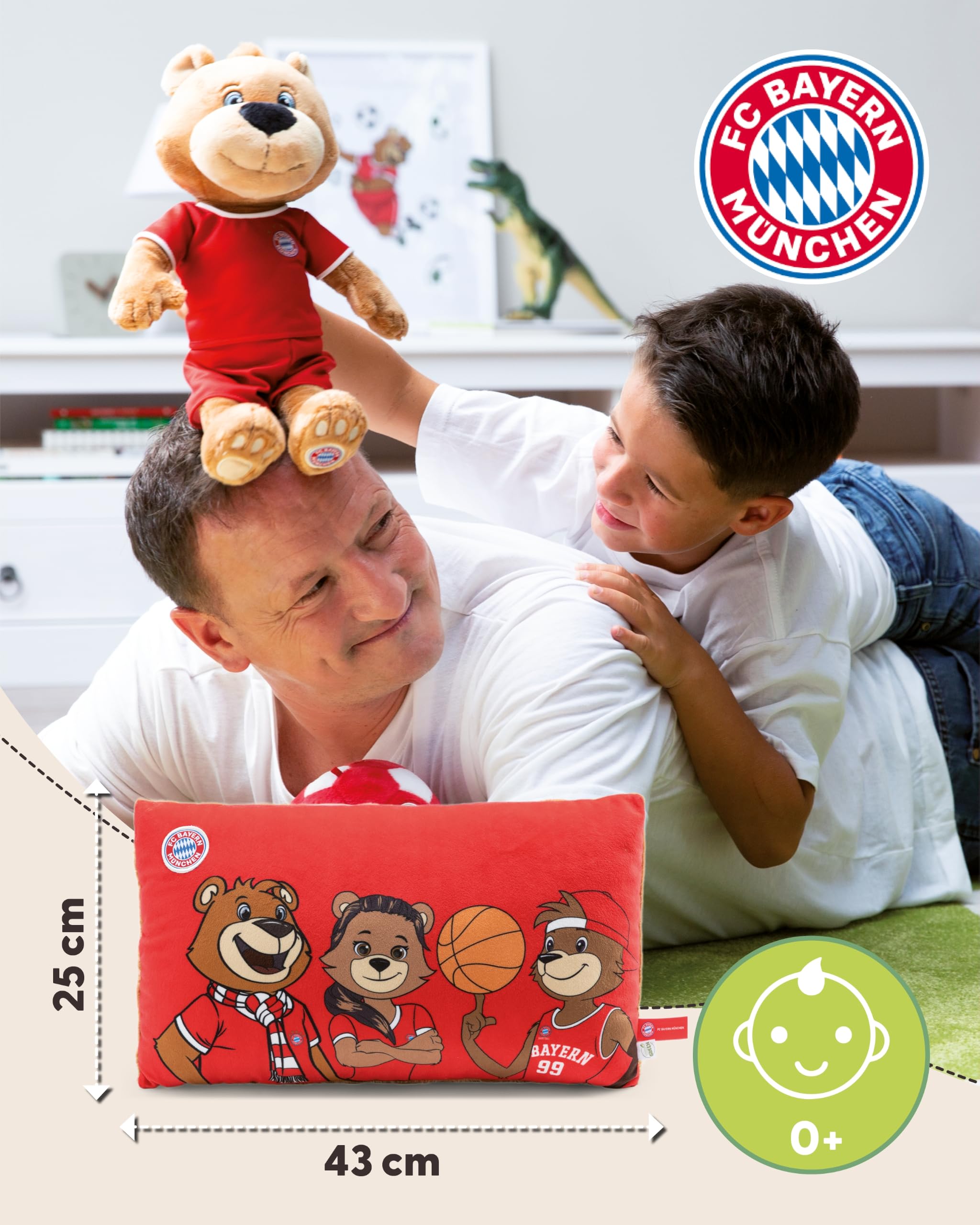 NICI Kissen FC Bayern MÜNCHEN Berni, Mia & Ben 43x25cm - rot - Flauschiges Kuscheltierkissen für Kinder und Erwachsene, Plüschkissen ideal für Zuhause, Kindergarten oder unterwegs - 61618