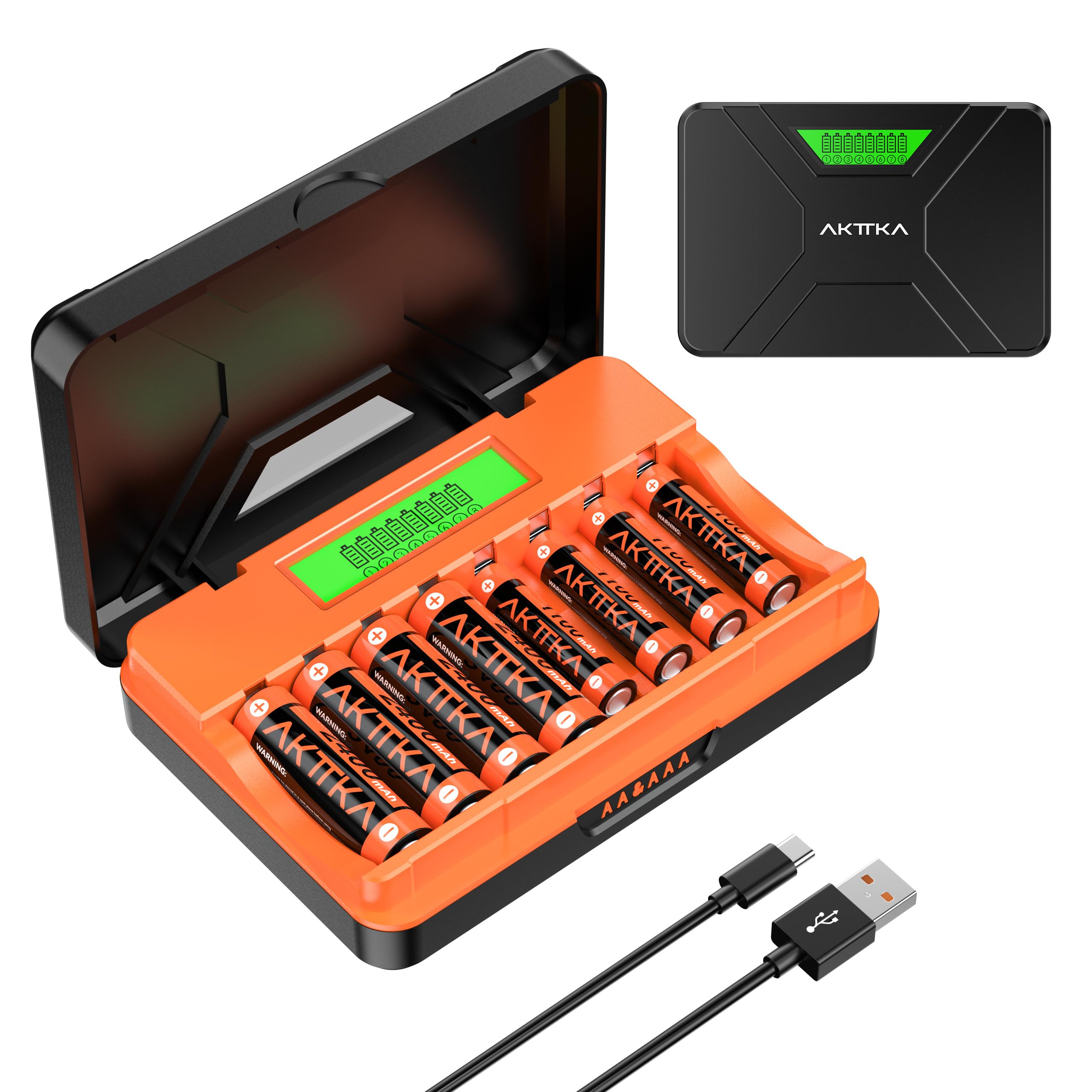 Cargador de Pilas de 8 Ranuras, con 4 Pilas Recargables AA de 2400 mAh y 4 Pilas AAA 1100 mAh Ni-MH 1,2 V, con Cable de Carga Tipo C