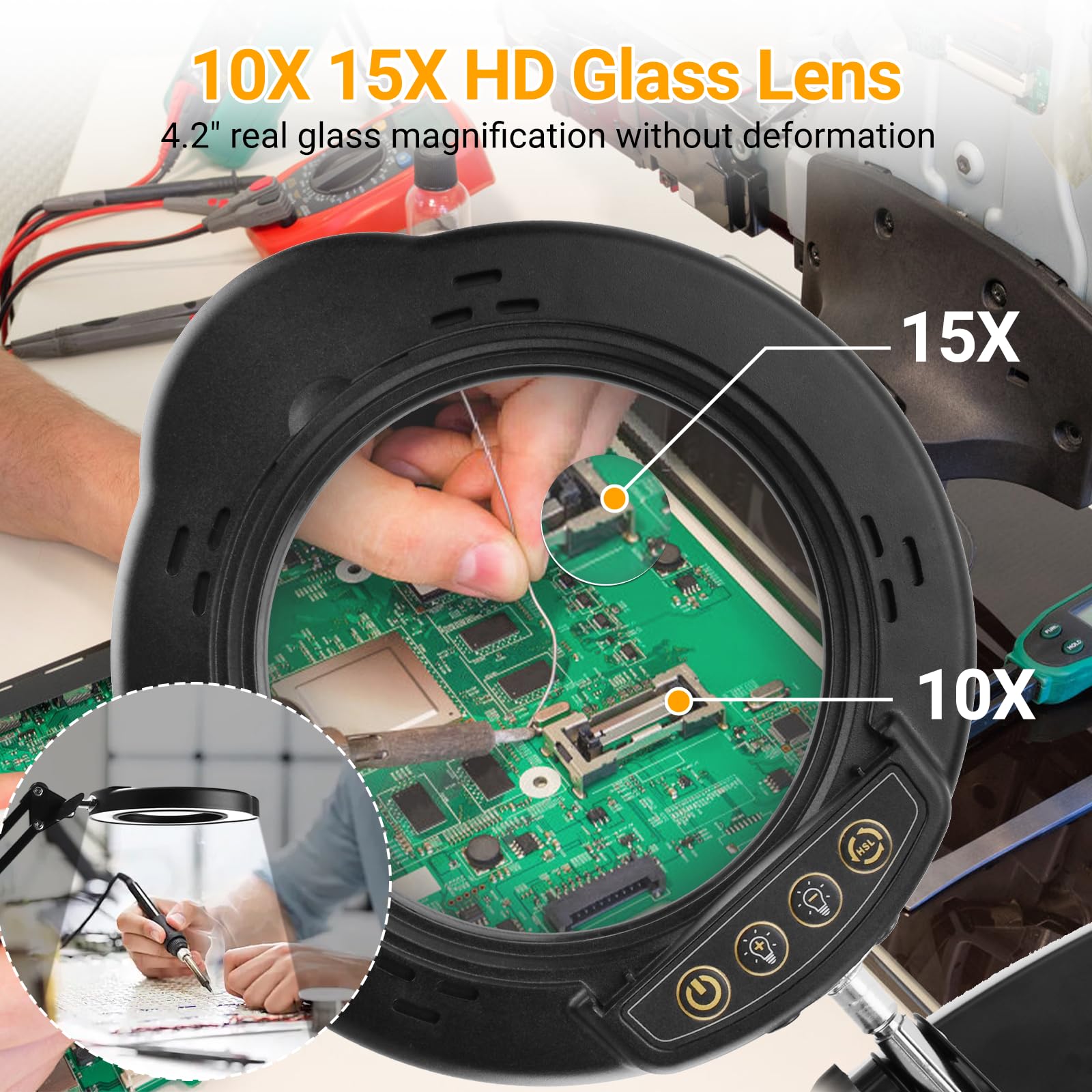 Lampe Loupe 10-15X avec Pince,Loupe Multifonctionnelle,Lampe De Table Led à Intensité Variable avec 5 Modes De Couleur,9 Niveaux De Luminosité pour Les RéParations,L'artisanat,Le Travail de Près