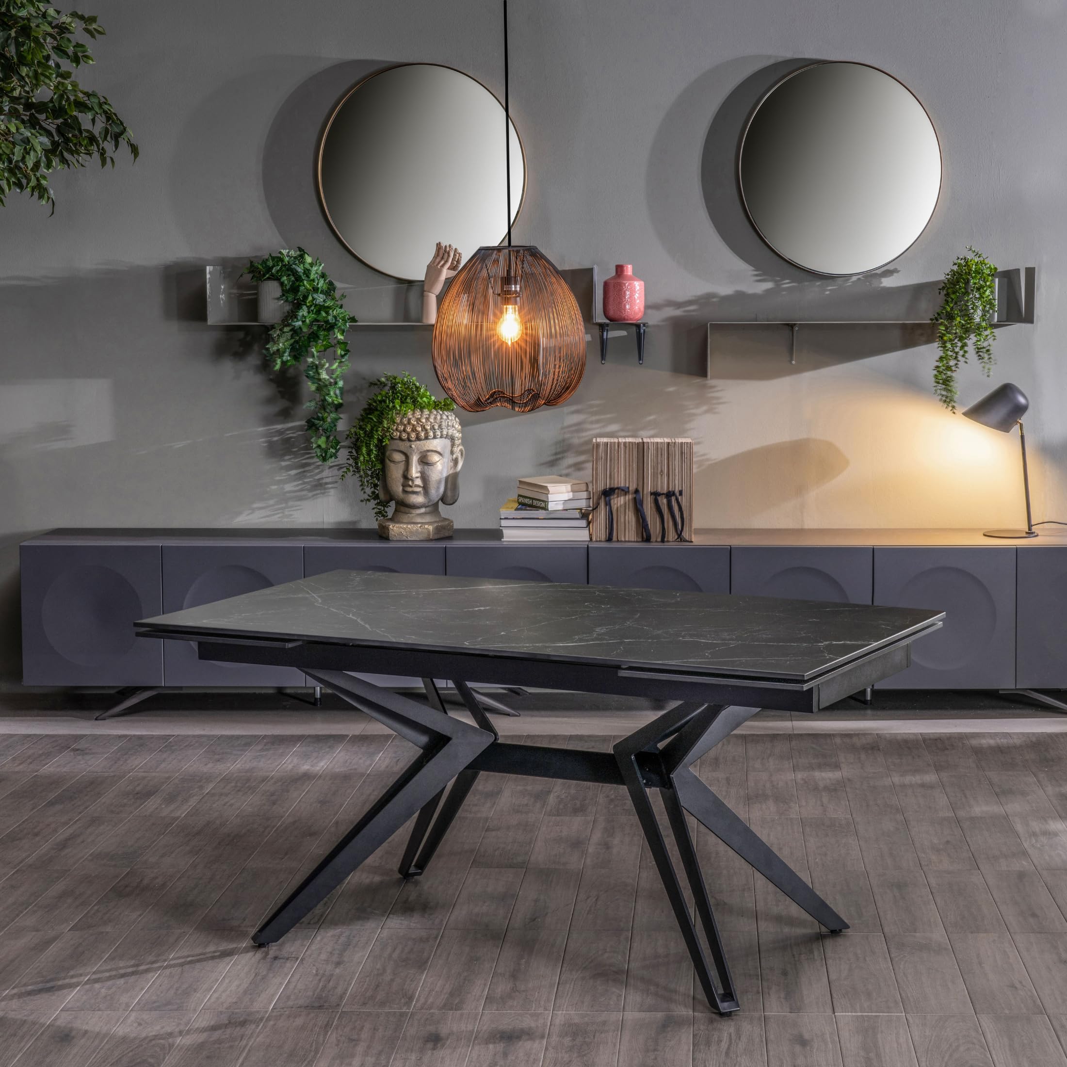 MONDO VIRO Tavolo moderno da pranzo Horeca allungabile con piano in ceramica effetto marmo (Ceramica Marmo Nero)