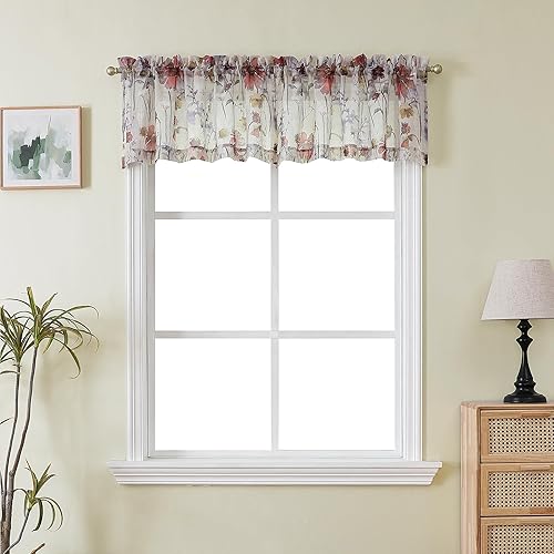 Miniatura 10 de OWENIE Curtians traslúcidas estampados de 54 pulgadas de largo para cocina, juego de 2 paneles con doble bolsillo para barra, cortinas cortas con